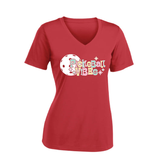 Pickleball Vibes | Women's Short Sleeve V-Neck Pickleball Performance T-Shirts | 100% Polyester