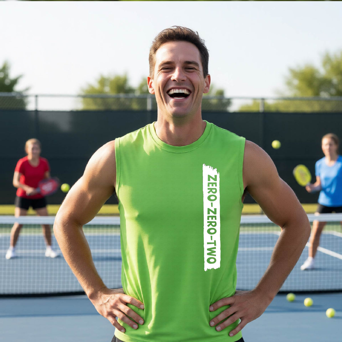 A close-up of a man on a pickleball wearing a lime green sleeveless t-shirt with a white graphic of artistic banner with the cutout words of ‘ZERO ZERO TWO’, on the front of the shirt. 