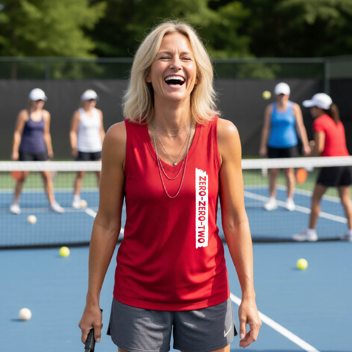 A close-up of a woman on a pickleball wearing a red sleeveless t-shirt, with a white graphic of artistic banner with the cutout words of ‘ZERO ZERO TWO’, on the front of the shirt.