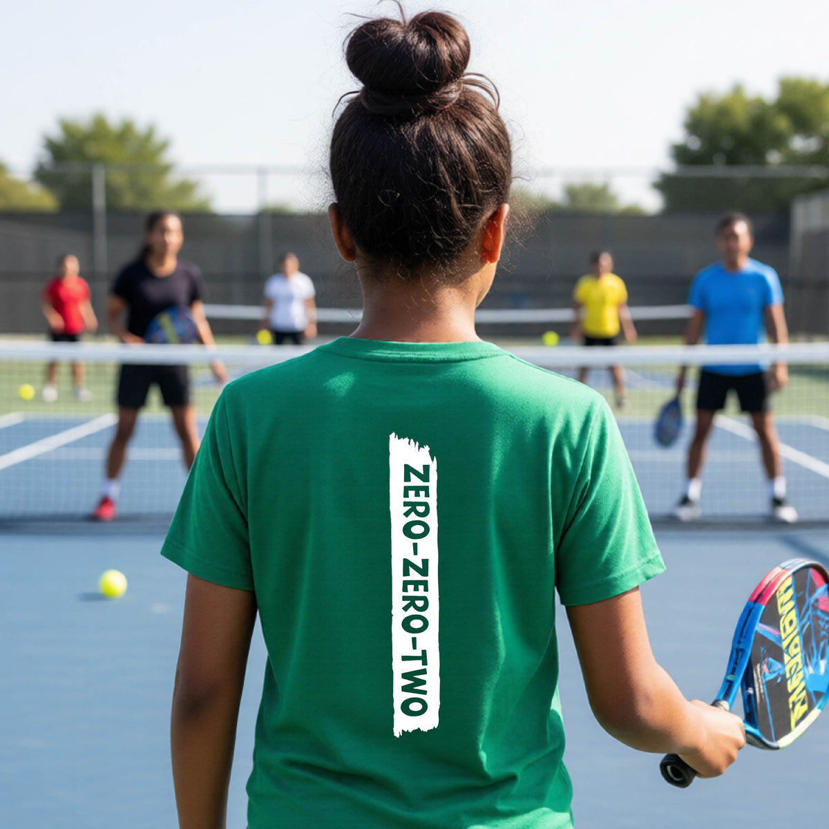 A close-up of a young person on a pickleball wearing a green short-sleeve t-shirt, , with a white graphic of artistic banner with the cutout words of ‘ZERO ZERO TWO’ , on the back of the shirt. 