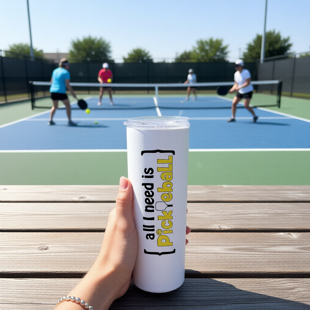 A hand holds a white insulated tumbler with a clear lid in the foreground, printed with the text 'all I need is Pickleball' in black and yellow. The background shows a sunny pickleball court with players on a blue court, framed by a wooden table.