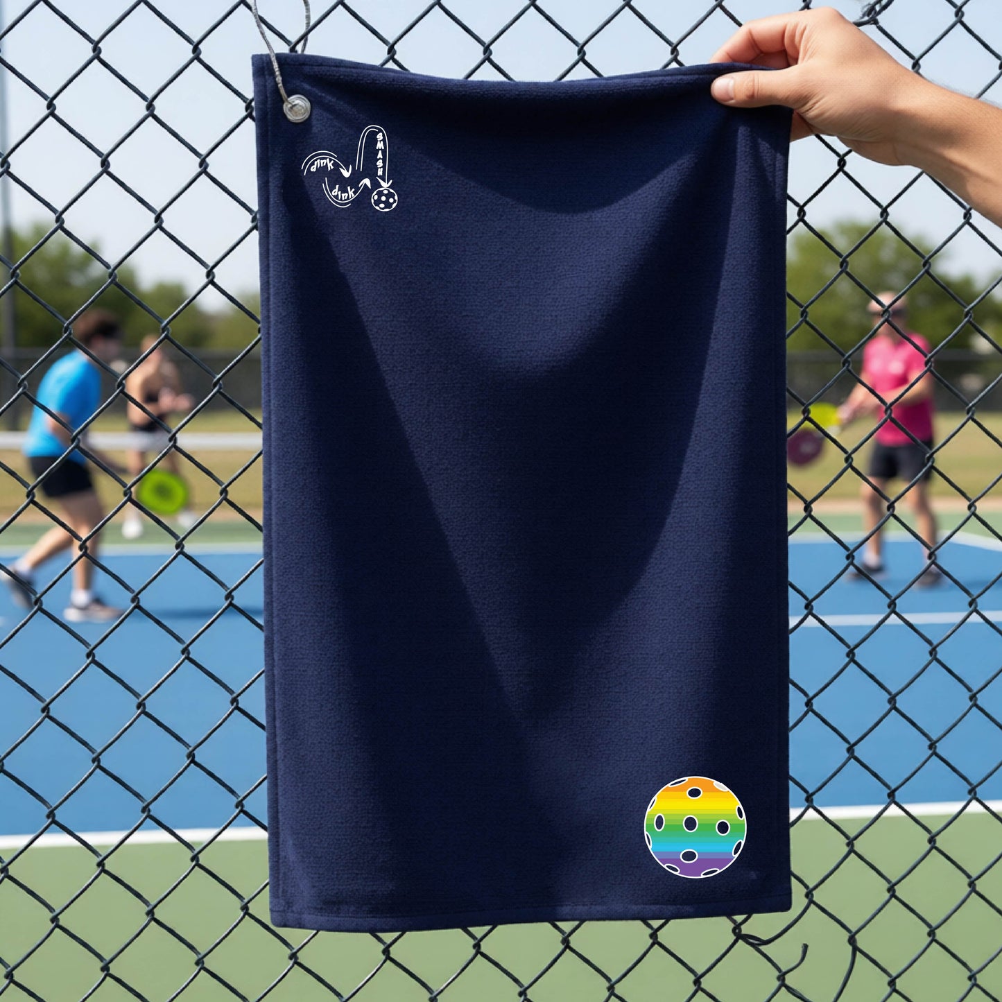 A navy blue terry cloth court towel is held up in front of a chain-link fence at a pickleall court. The towel features a silver metal grommet and hook at the top, with the text"DINK DINK SMASH" and a colorful pickleball graphic near the bottom right.
