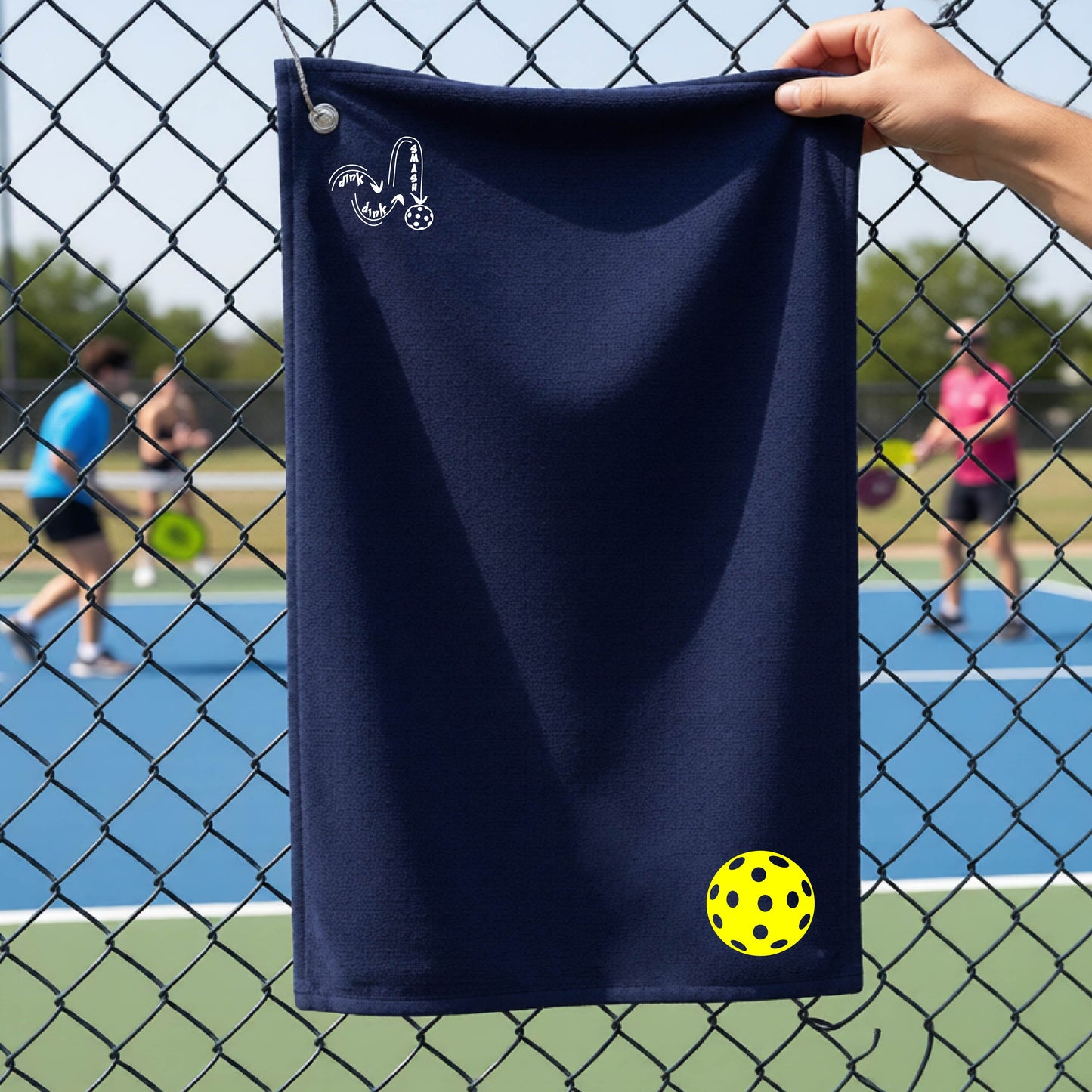 A navy blue terry cloth court towel is held up in front of a chain-link fence at a pickleall court. The towel features a silver metal grommet and hook at the top, with the text"DINK DINK SMASH" and a colorful pickleball graphic near the bottom right.