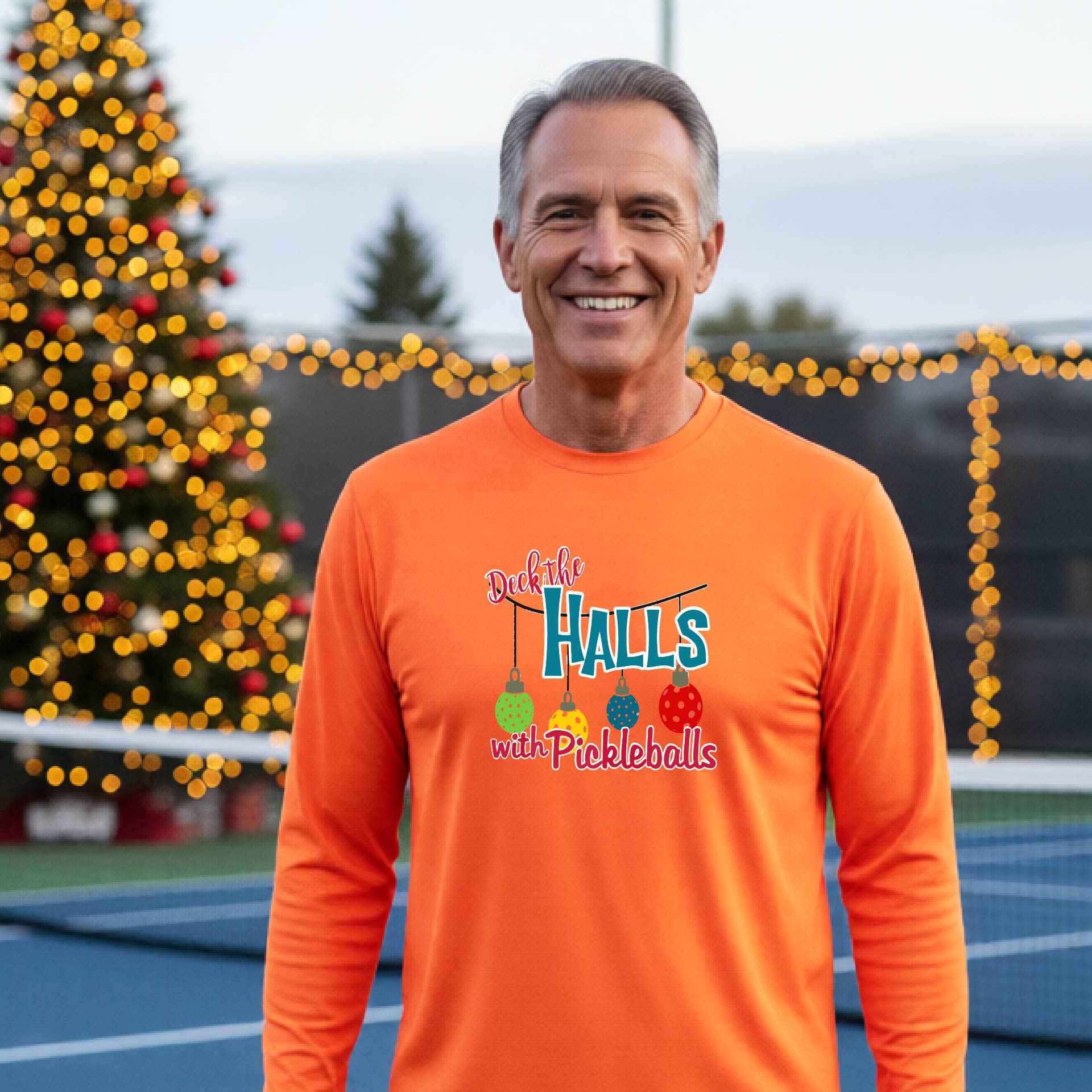 A smiling man wearing a bright orange long-sleeve t-shirt with a colorful graphic that reads 'Deck the Halls with Pickleballs' and holiday-themed graphics, standing on an outdoor pickleball court with festive lights in the background.