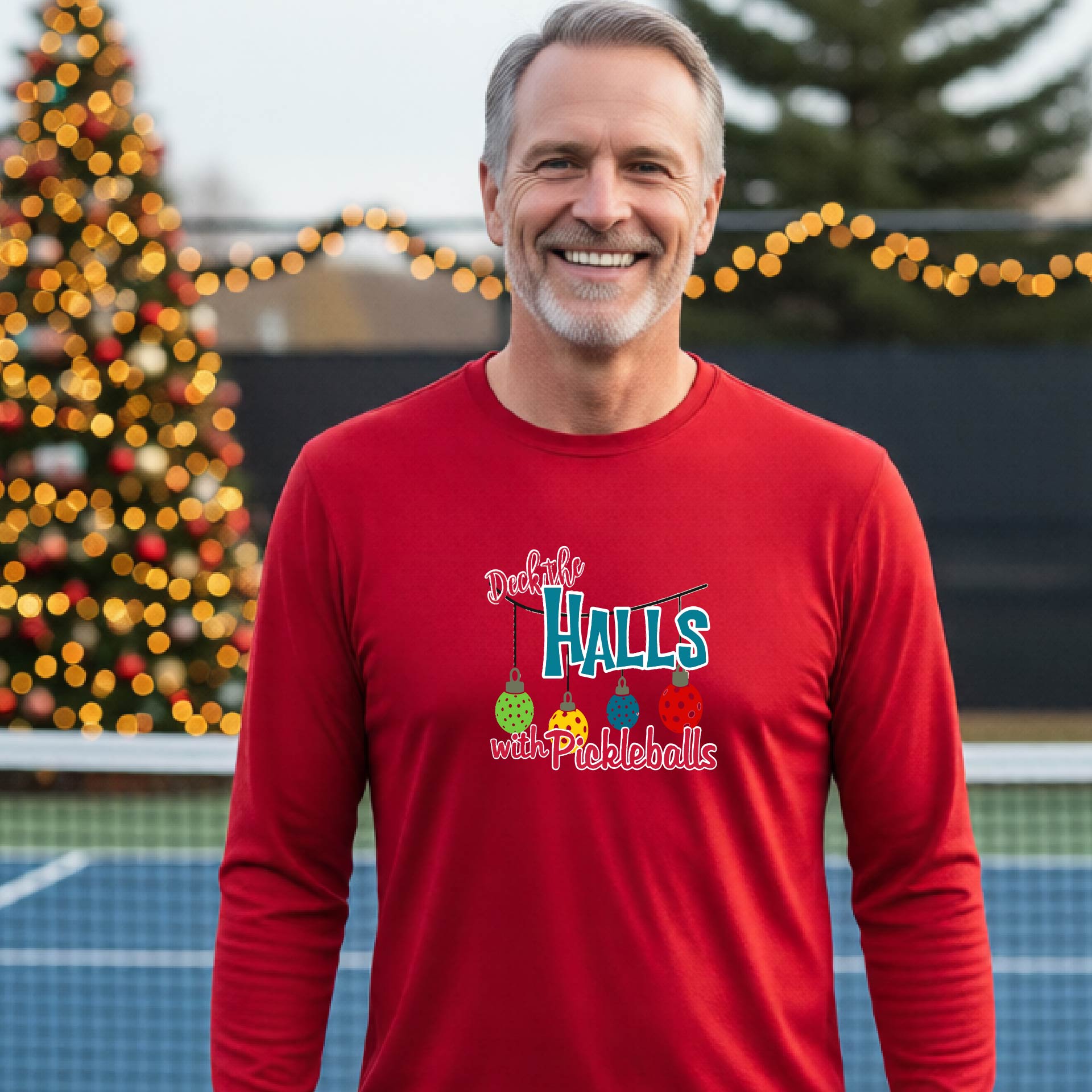 A smiling man wearing a red long-sleeve t-shirt with a colorful graphic that reads 'Deck the Halls with Pickleballs' and holiday-themed graphics, standing on an outdoor pickleball court with festive lights in the background.