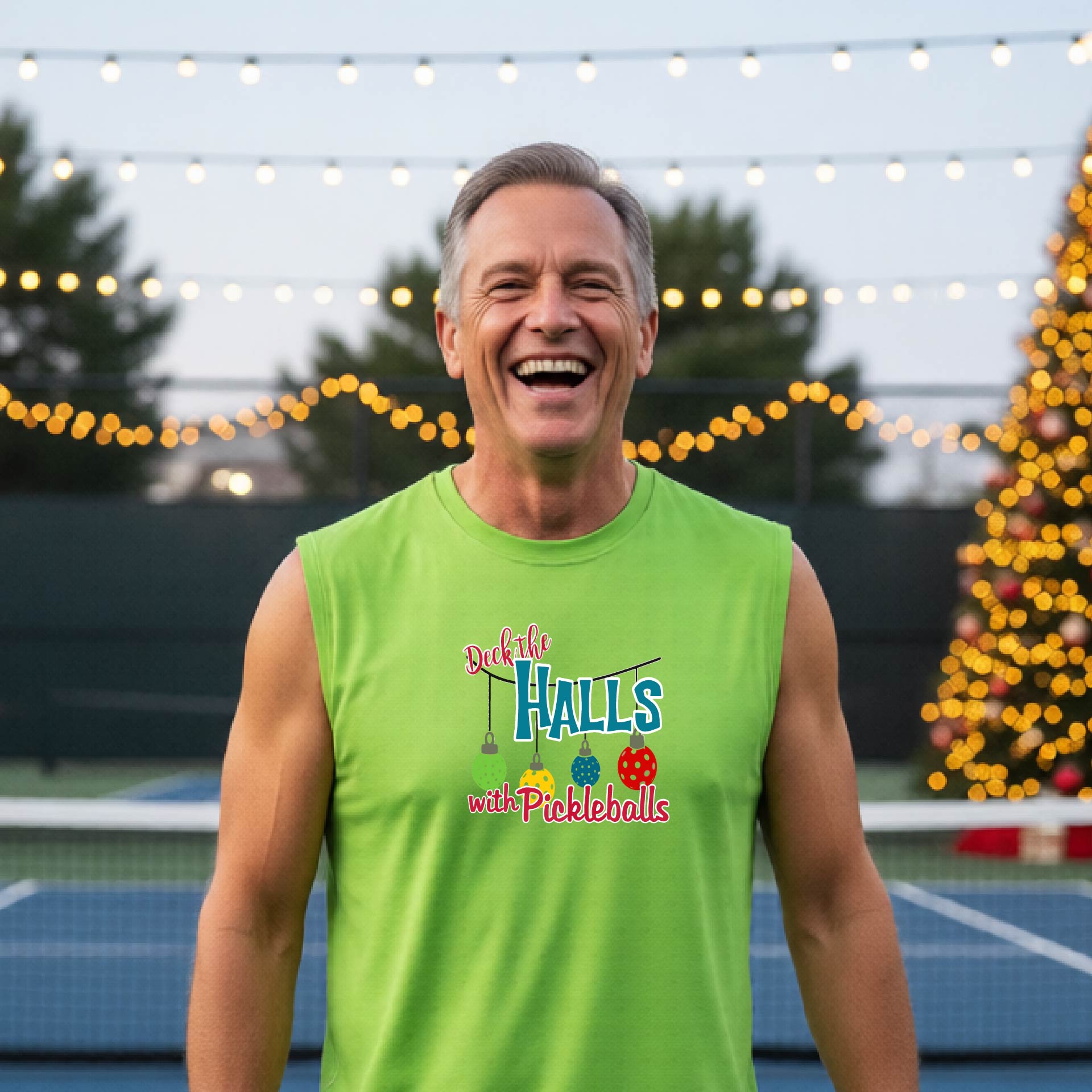 A smiling man wearing a lime green sleeveless shirt with a colorful 'Deck the  Halls with Pickleballs' graphic, standing on a pickleball court with a decorated Christmas tree and warm string lights in the background.