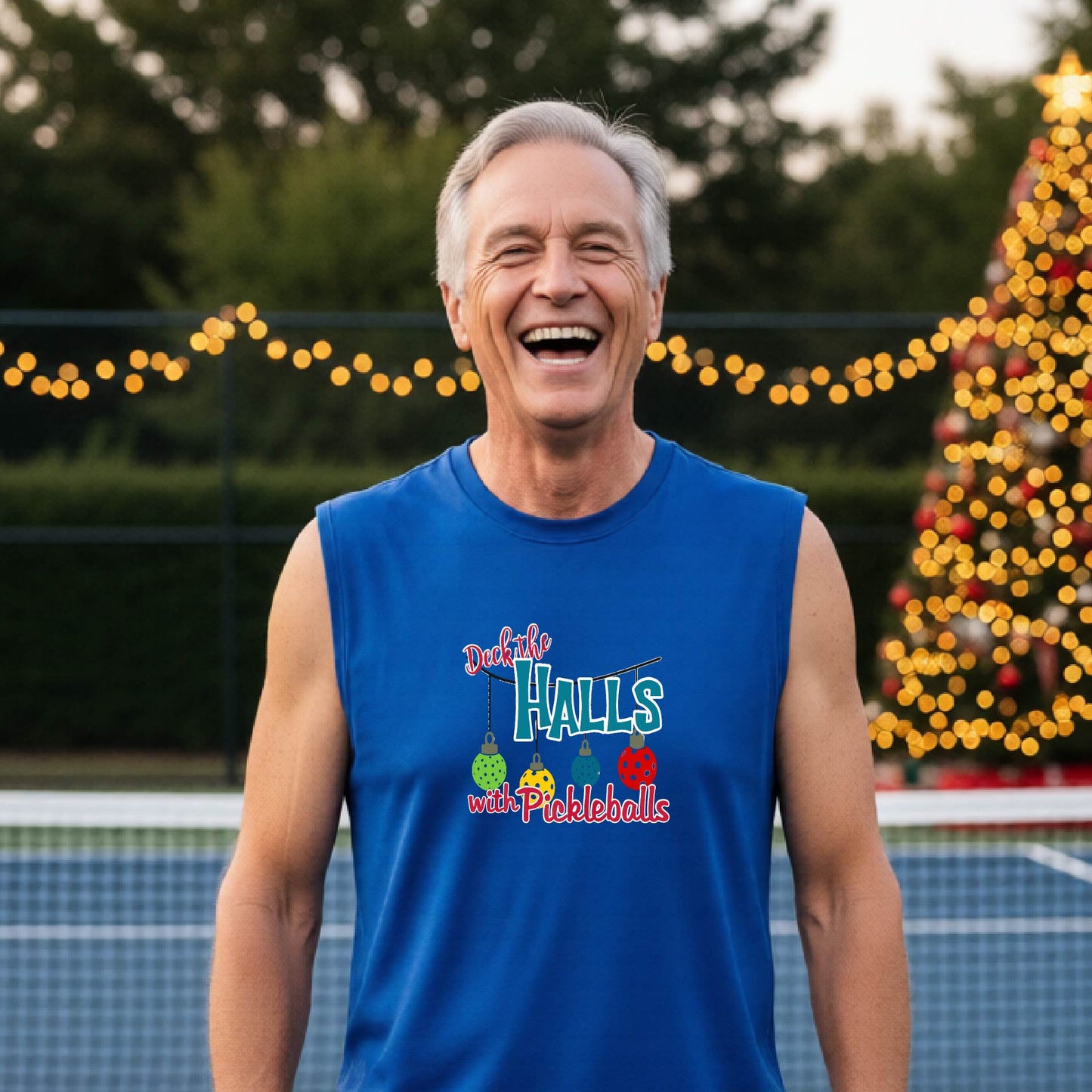 A smiling man wearing a bright blue sleeveless shirt with a colorful 'Deck the  Halls with Pickleballs' graphic, standing on a pickleball court with a decorated Christmas tree and warm string lights in the background.