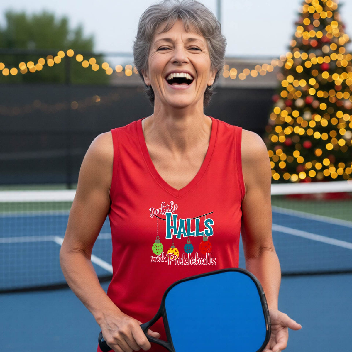 Women’s Holiday Pickleball Shirt Christmas Sports Tee Festive Pickleball Apparel Sleeveless