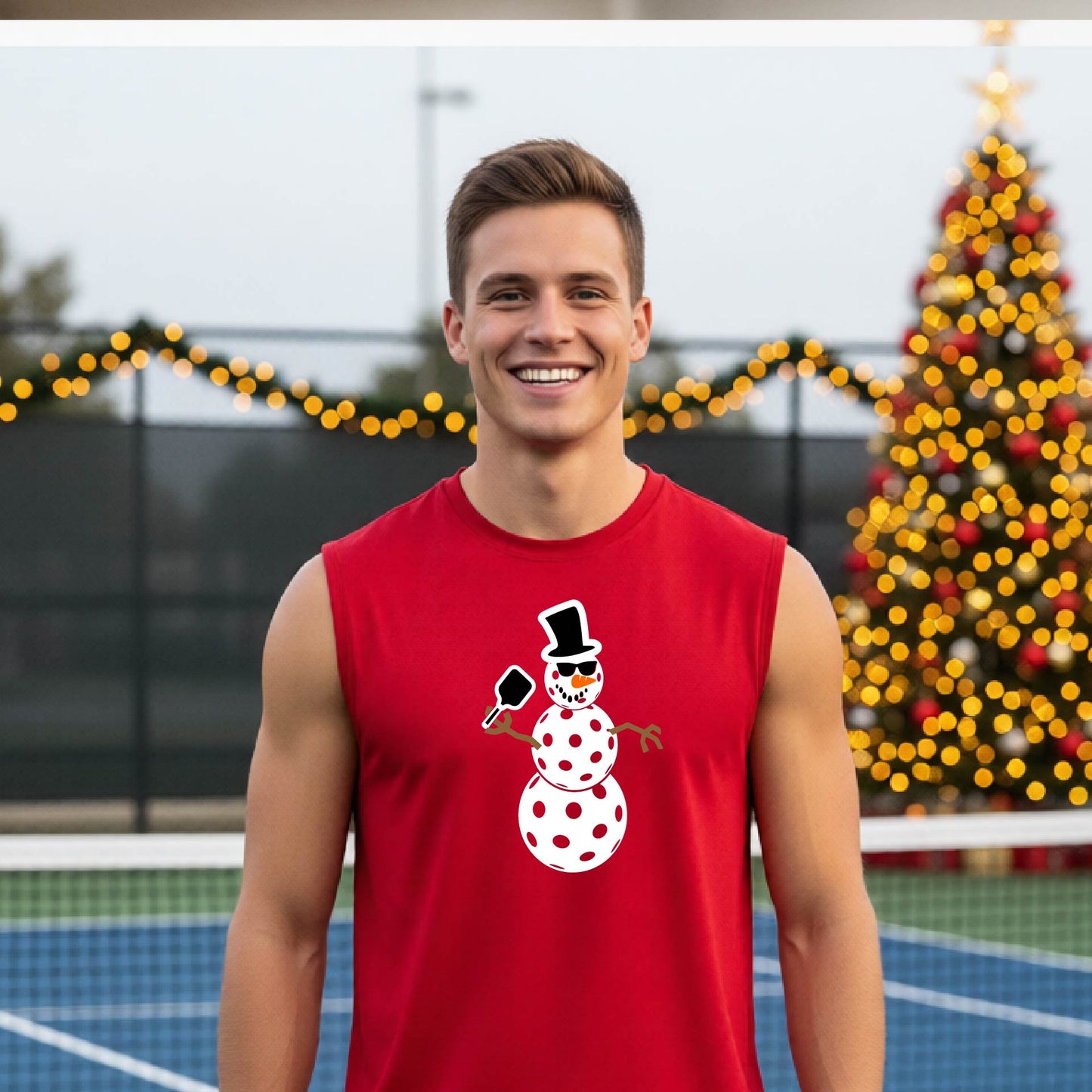 A man wearing a red sleeveless t-shirt with a white and black pickleball snowman graphic holding a pickleball paddle. The background shows a blurred court with a Christmas tree and string lights.