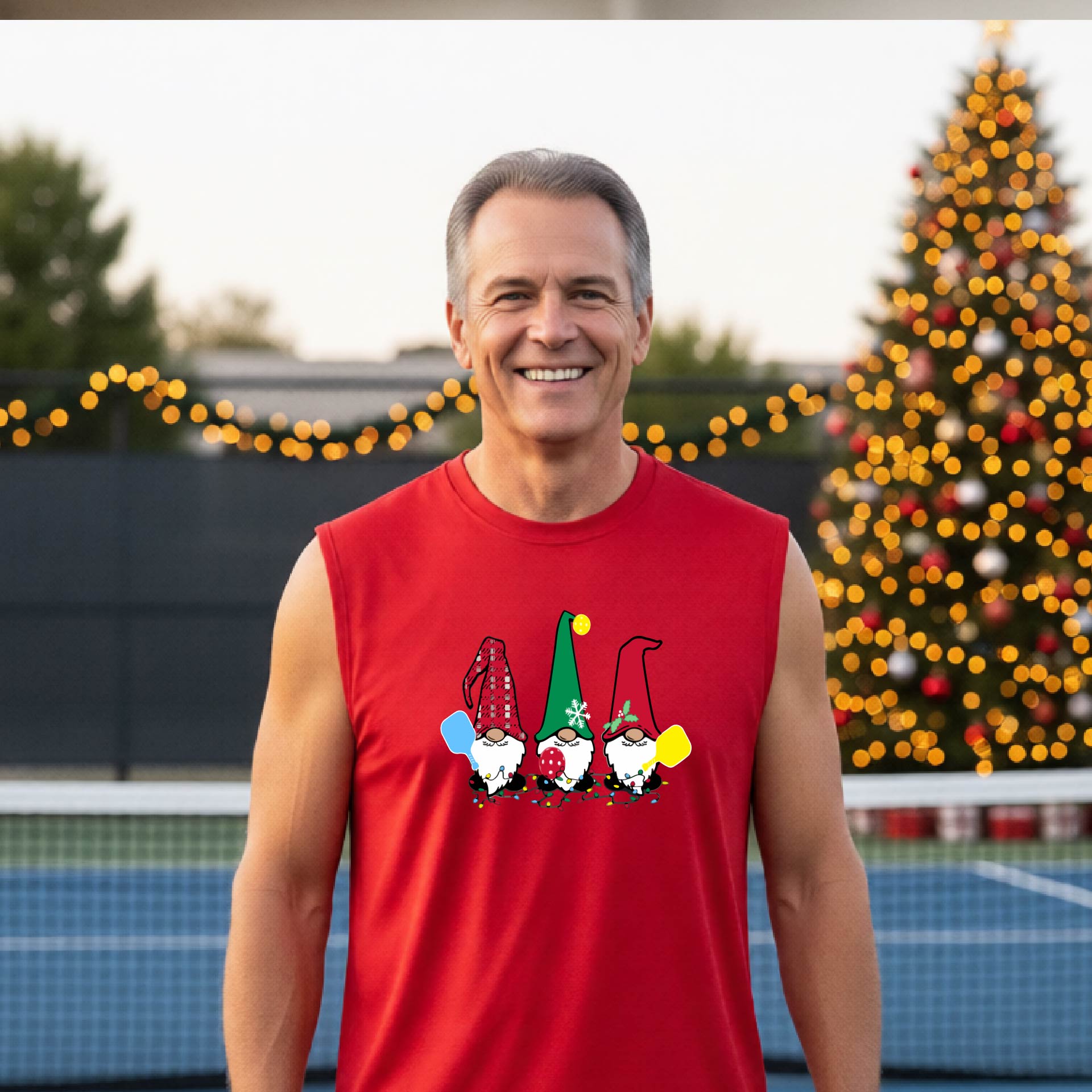 A man laughing on an outdoor pickleball court, wearing a red sleeveless shirt with three colorful gnome holding pickleball paddles graphic on the chest. The background features warm string lights and a decorated Christmas tree.