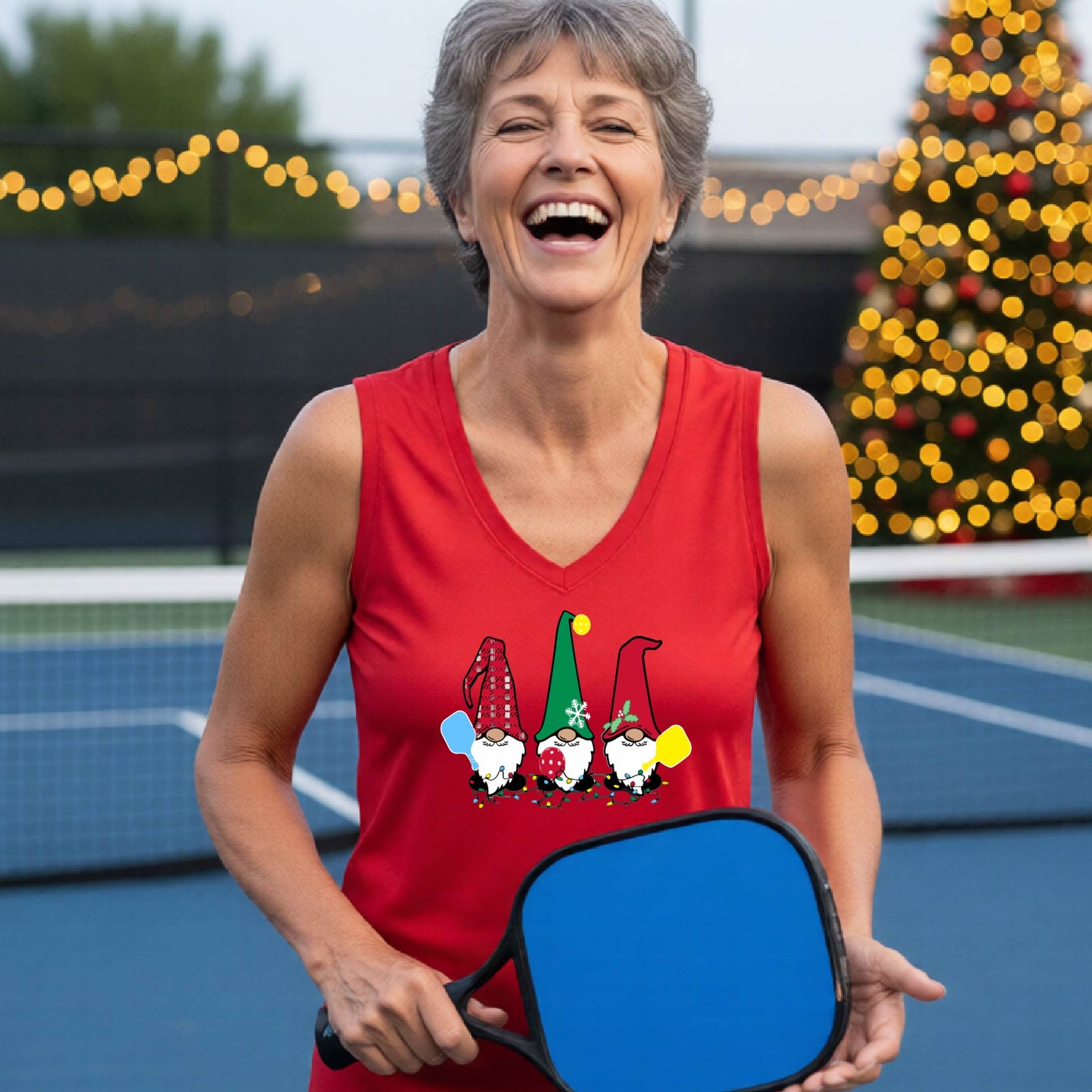 A woman laughing on a  pickleball court, wearing a red sleeveless shirt with three colorful gnome holding pickleball paddles graphic on the chest. The background features warm string lights and a decorated Christmas tree.