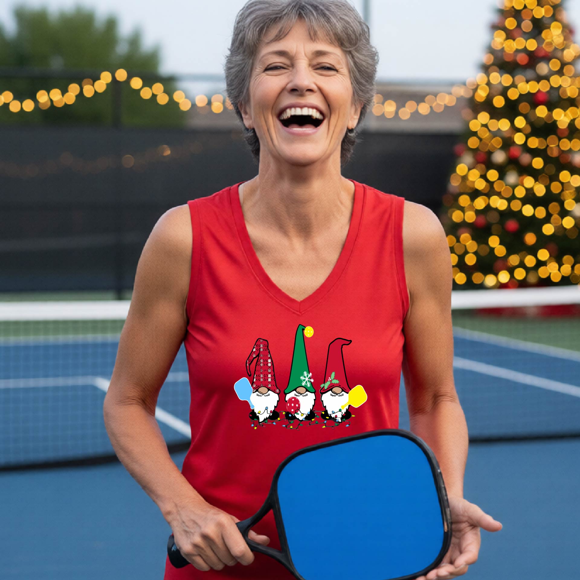 A woman laughing on a  pickleball court, wearing a red sleeveless shirt with three colorful gnome holding pickleball paddles graphic on the chest. The background features warm string lights and a decorated Christmas tree.