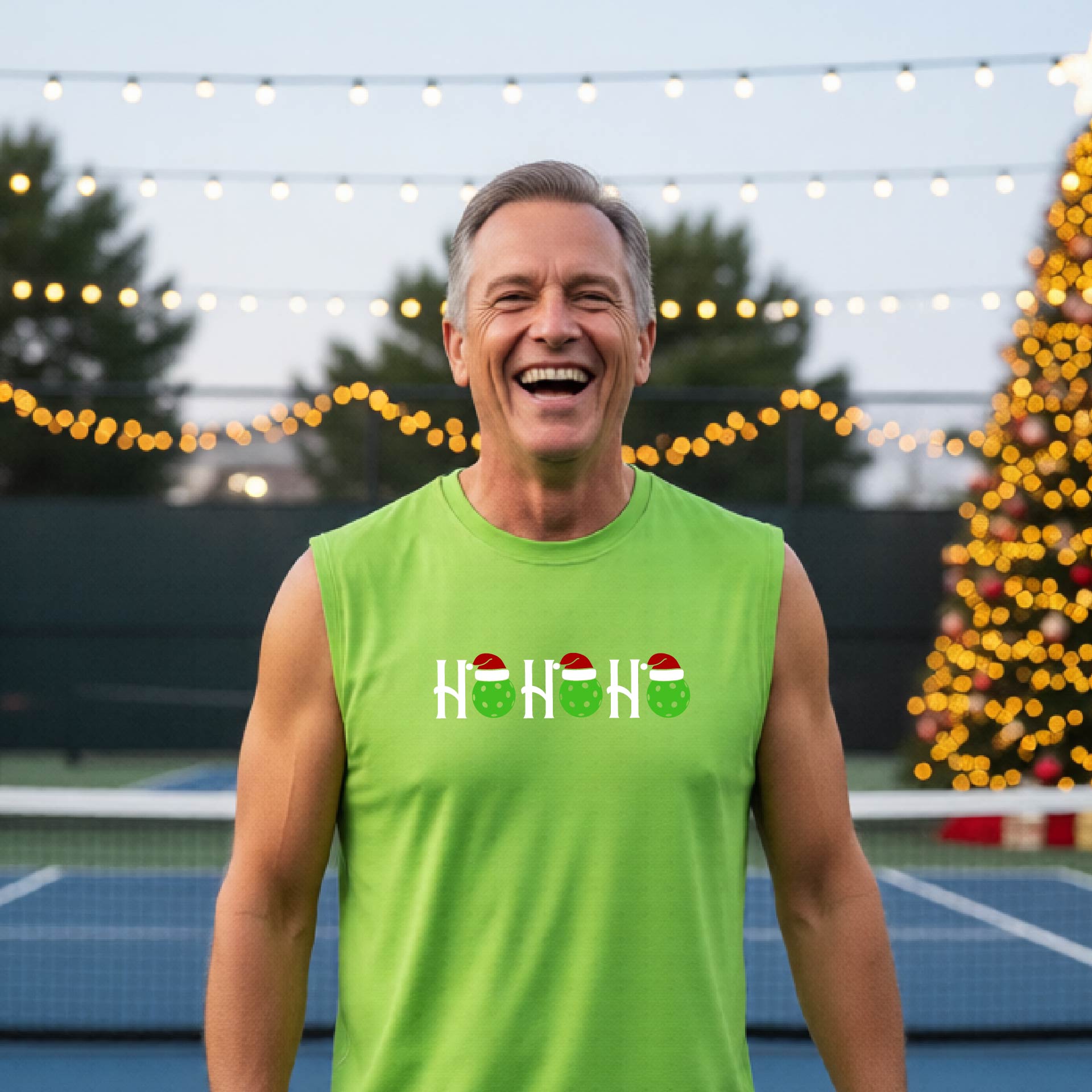 A man laughing on an  pickleball court wearing a lime green sleeveless shirt with a 'HO HO HO' holiday graphic made of green pickleballs wearing Santa hats. A decorated Christmas tree and warm string lights are blurred in the background.