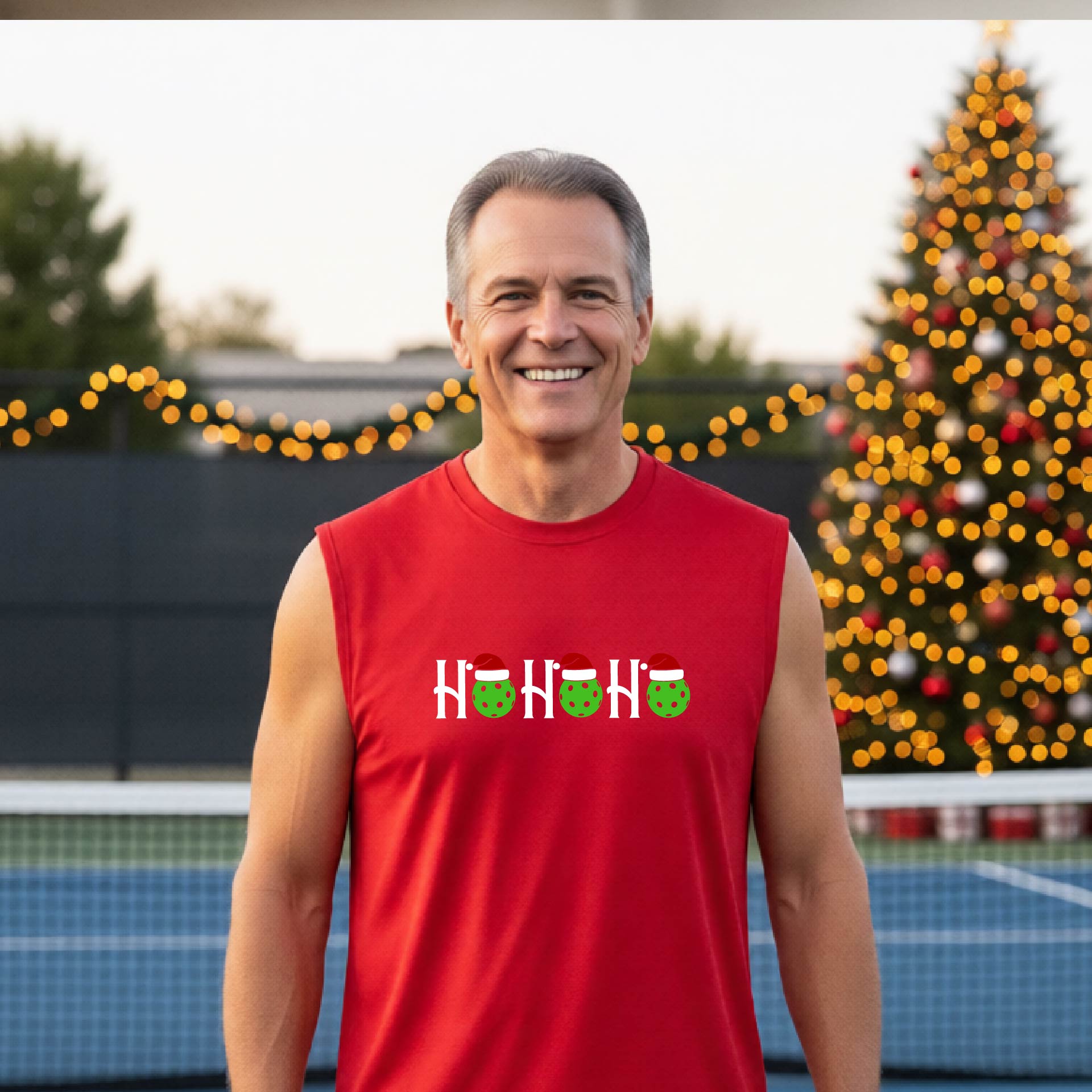 A man laughing on an  pickleball court wearing a red sleeveless shirt with a 'HO HO HO' holiday graphic made of green pickleballs wearing Santa hats. A decorated Christmas tree and warm string lights are blurred in the background.