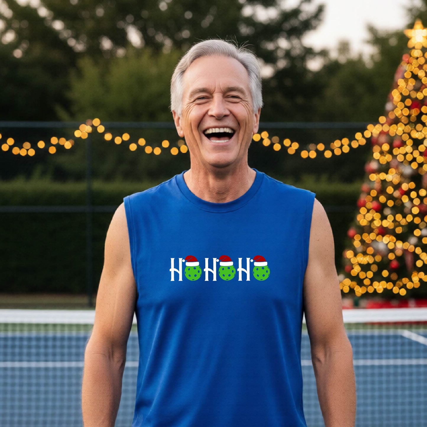 A man laughing on an  pickleball court wearing a royal blue sleeveless shirt with a 'HO HO HO' holiday graphic made of green pickleballs wearing Santa hats. A decorated Christmas tree and warm string lights are blurred in the background.