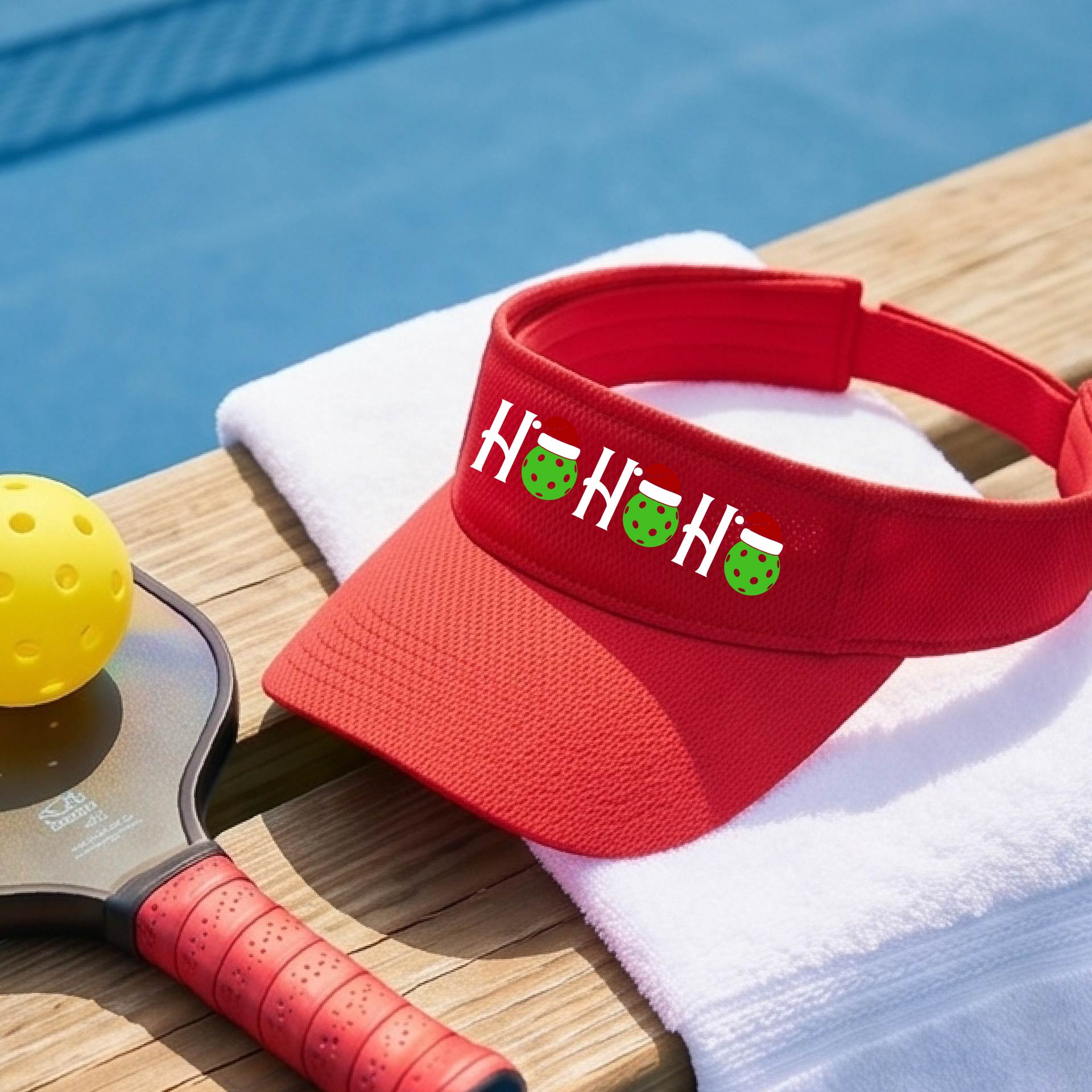 A red visor with a pickleball Christmas graphic of the text "HO HO HO" with the O replaced by green picklebalsl paddle  santa hats. 