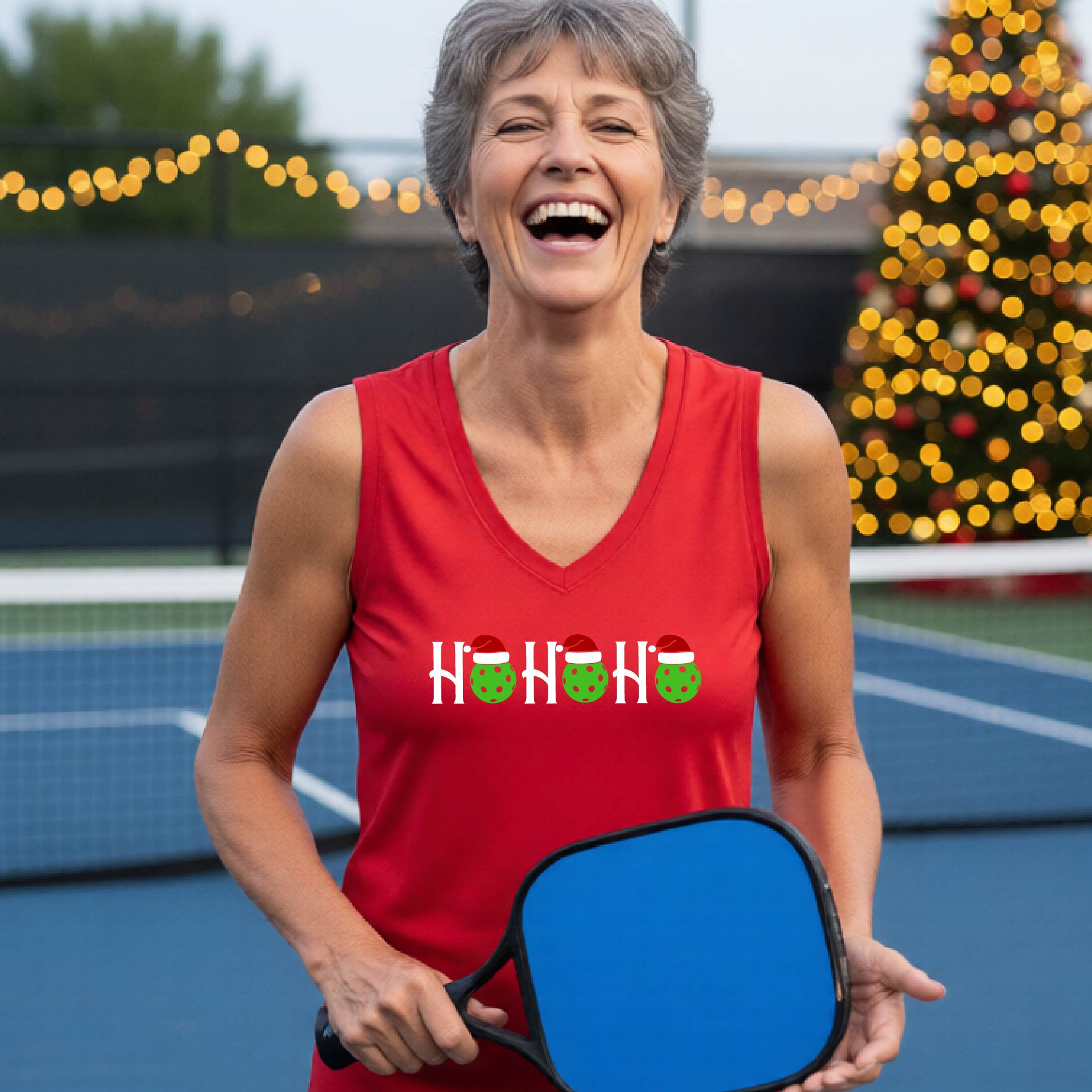 A woman laughing on a pickleball court wearing a red sleeveless tank top with a 'HO HO HO' holiday design featuring green pickleball ornaments and Santa hats. The background shows festive Christmas decorations and blurred lights.