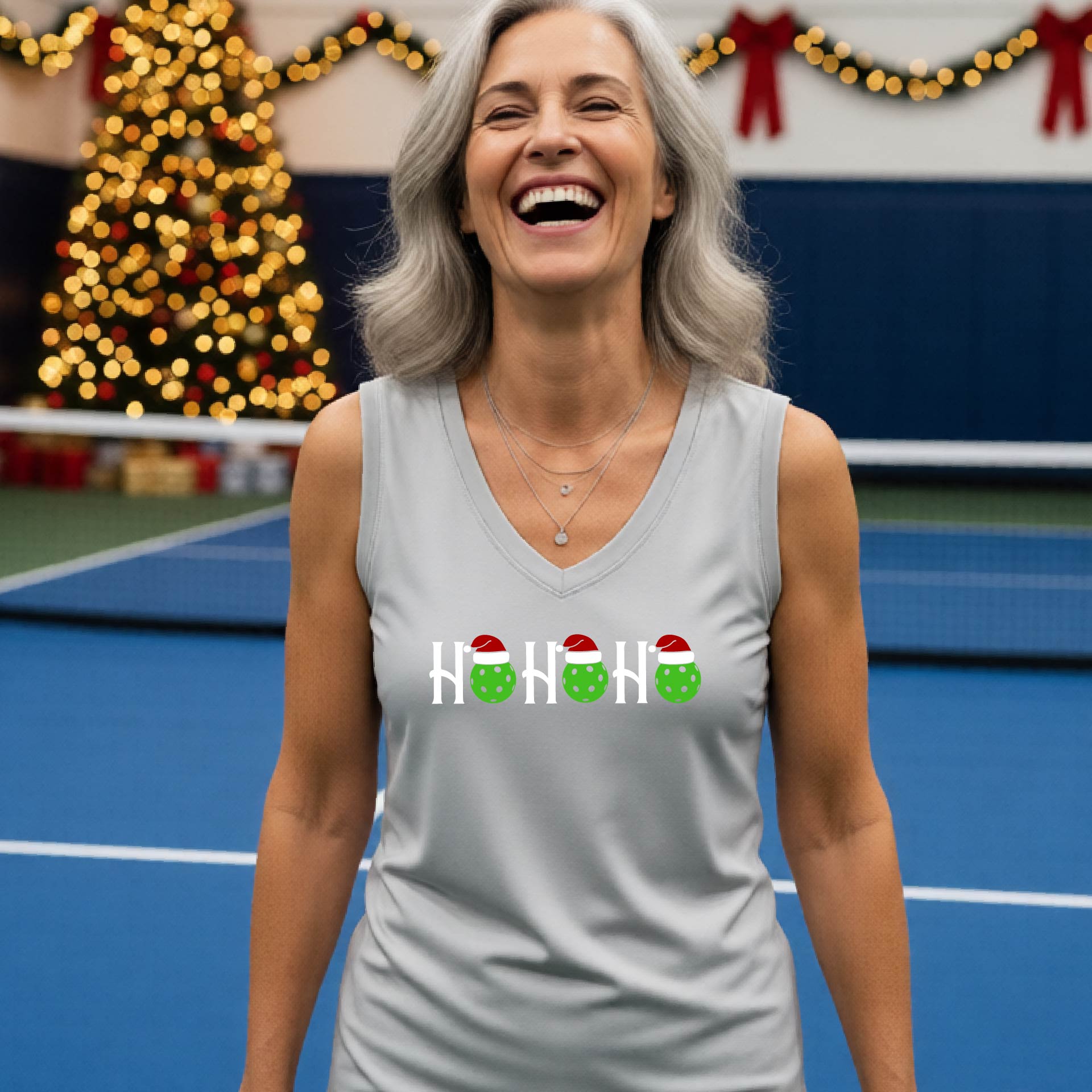 A woman laughing on a pickleball court wearing a silver gray sleeveless tank top with a 'HO HO HO' holiday design featuring green pickleball ornaments and Santa hats. The background shows festive Christmas decorations and blurred lights.