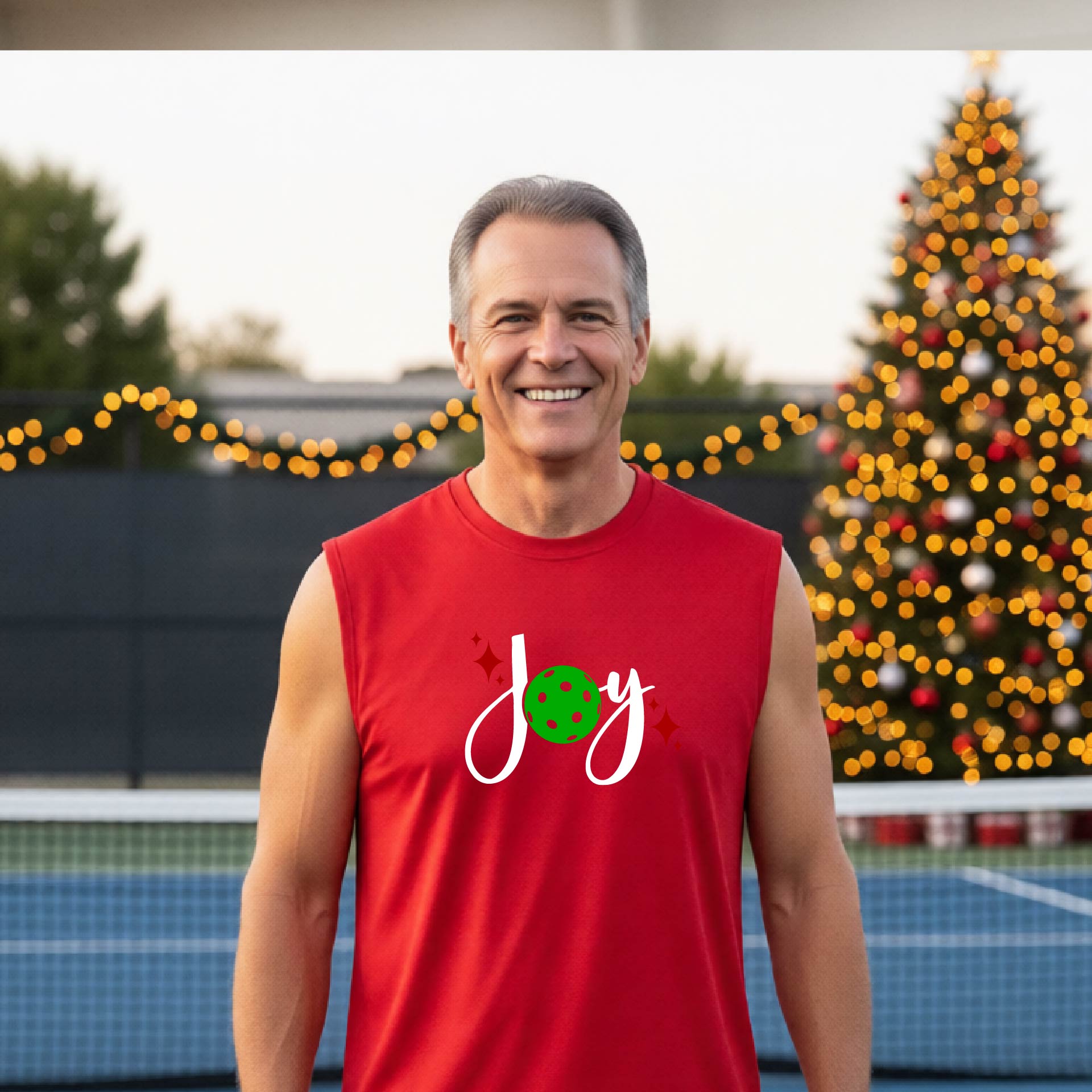 A smiling man wearing a red sleeveless tank top with a 'Joy' pickleball graphic stands on a pickleball court with a decorated Christmas tree and string lights in the background.