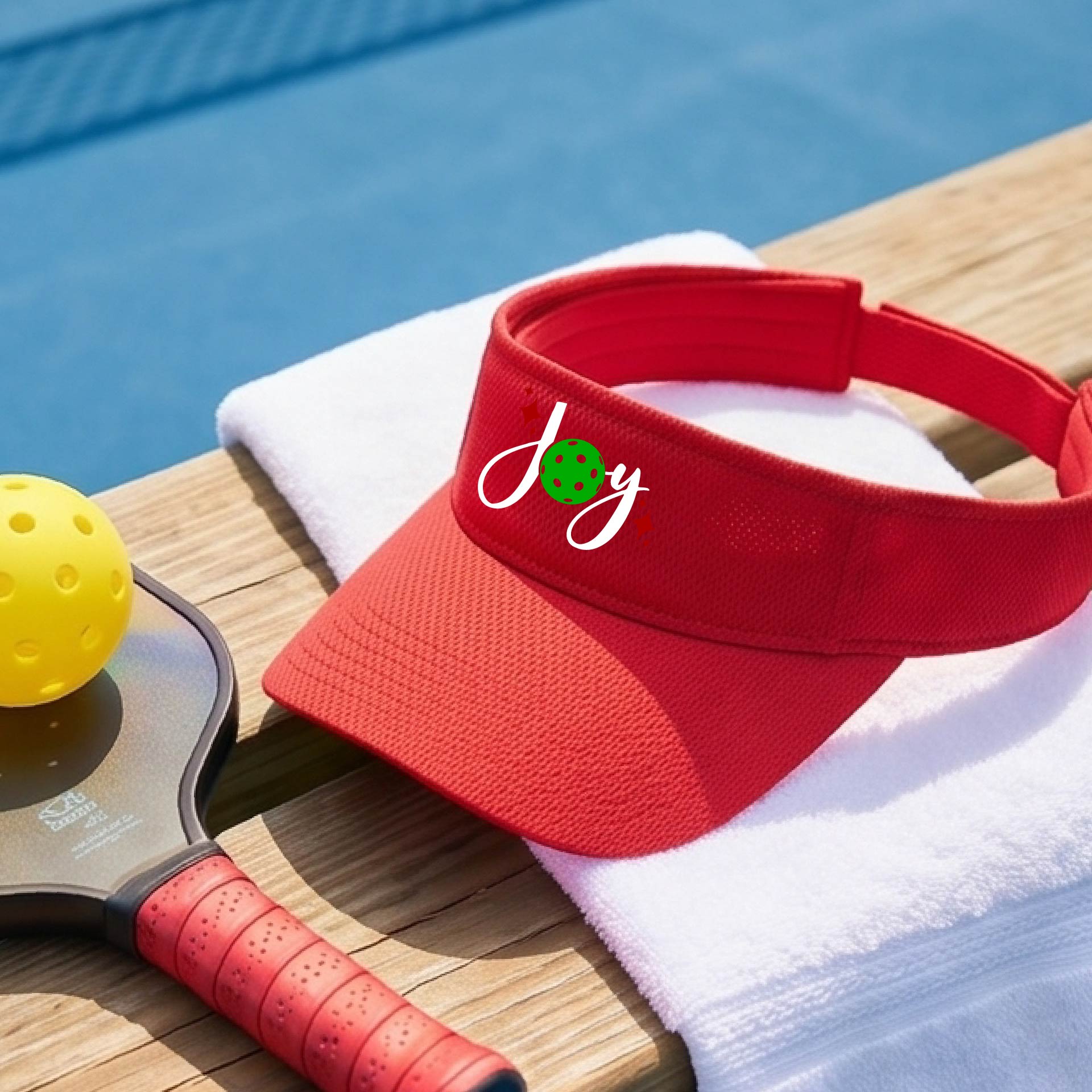 A red visor with a pickleball Christmas graphic of the text "JOY" with the O replaced by a green pickleball. 