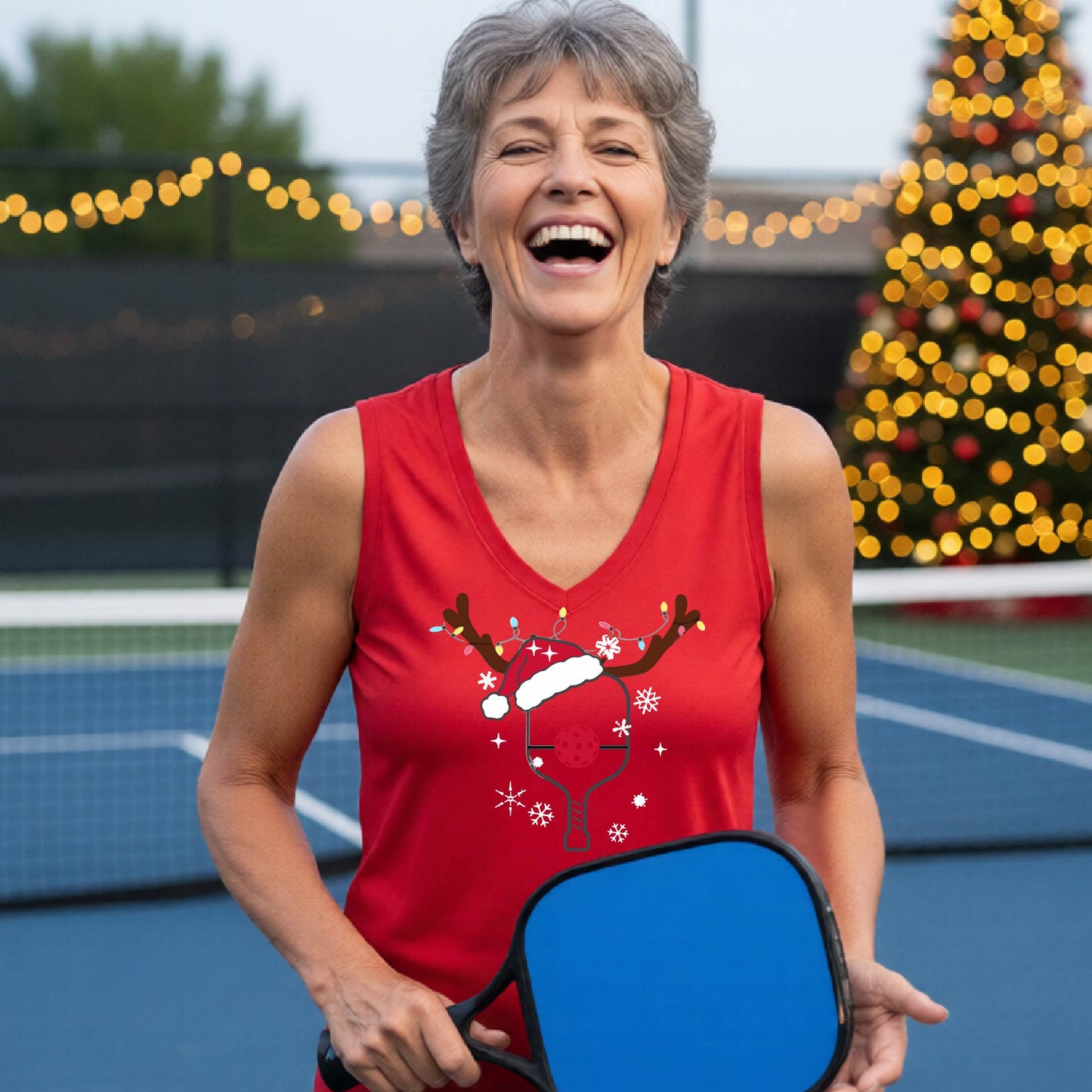 A smiling woman stands on a blue pickleball court wearing a bright red sleeveless tank top with a Christmas-themed pickleball graphic. The graphic features a picleball paddle decorated with a red Santa hat, a red ball, reindeer ears, and snowflakes.
