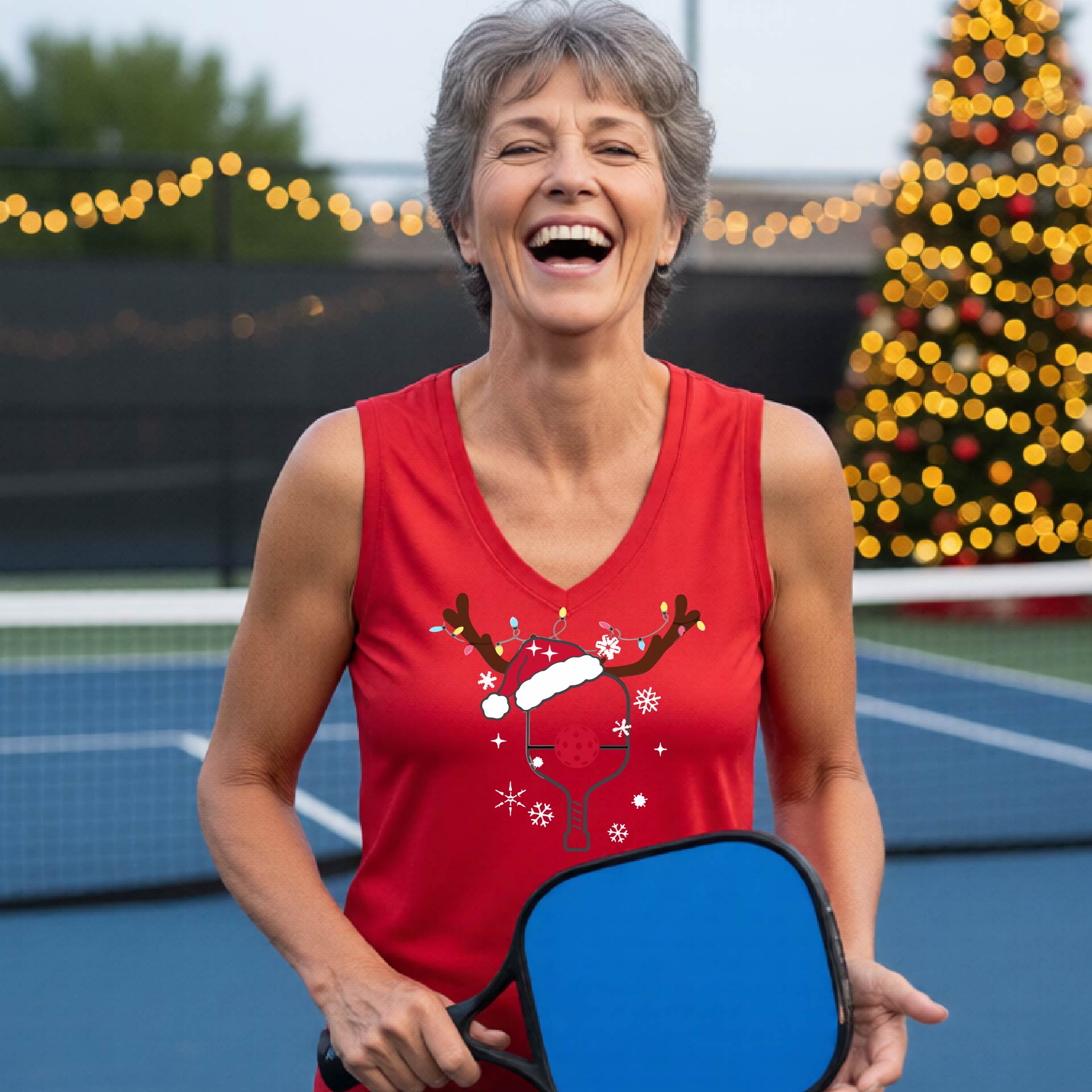 A smiling woman stands on a blue pickleball court wearing a bright red sleeveless tank top with a Christmas-themed pickleball graphic. The graphic features a picleball paddle decorated with a red Santa hat, a red ball, reindeer ears, and snowflakes.