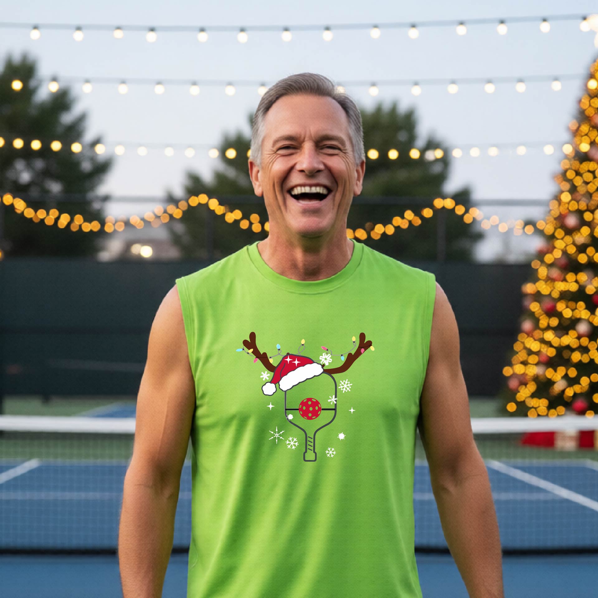 A smiling man wearing a bright lime green sleeveless shirt with a festive Christmas-themed pickleball graphic of a pickleball paddle, pickleball, and reindeer antlers, standing on a pickleball court with string lights and a decorated Christmas tree in the background.