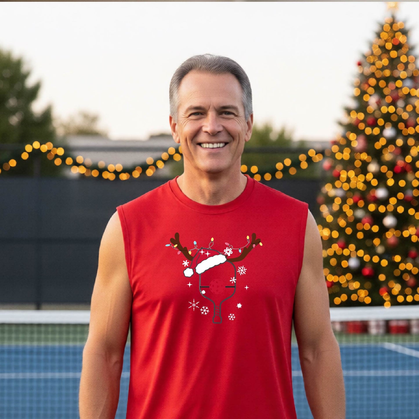 A smiling man wearing a red green sleeveless shirt with a festive Christmas-themed pickleball graphic of a pickleball paddle, pickleball, and reindeer antlers, standing on a pickleball court with string lights and a decorated Christmas tree in the background.