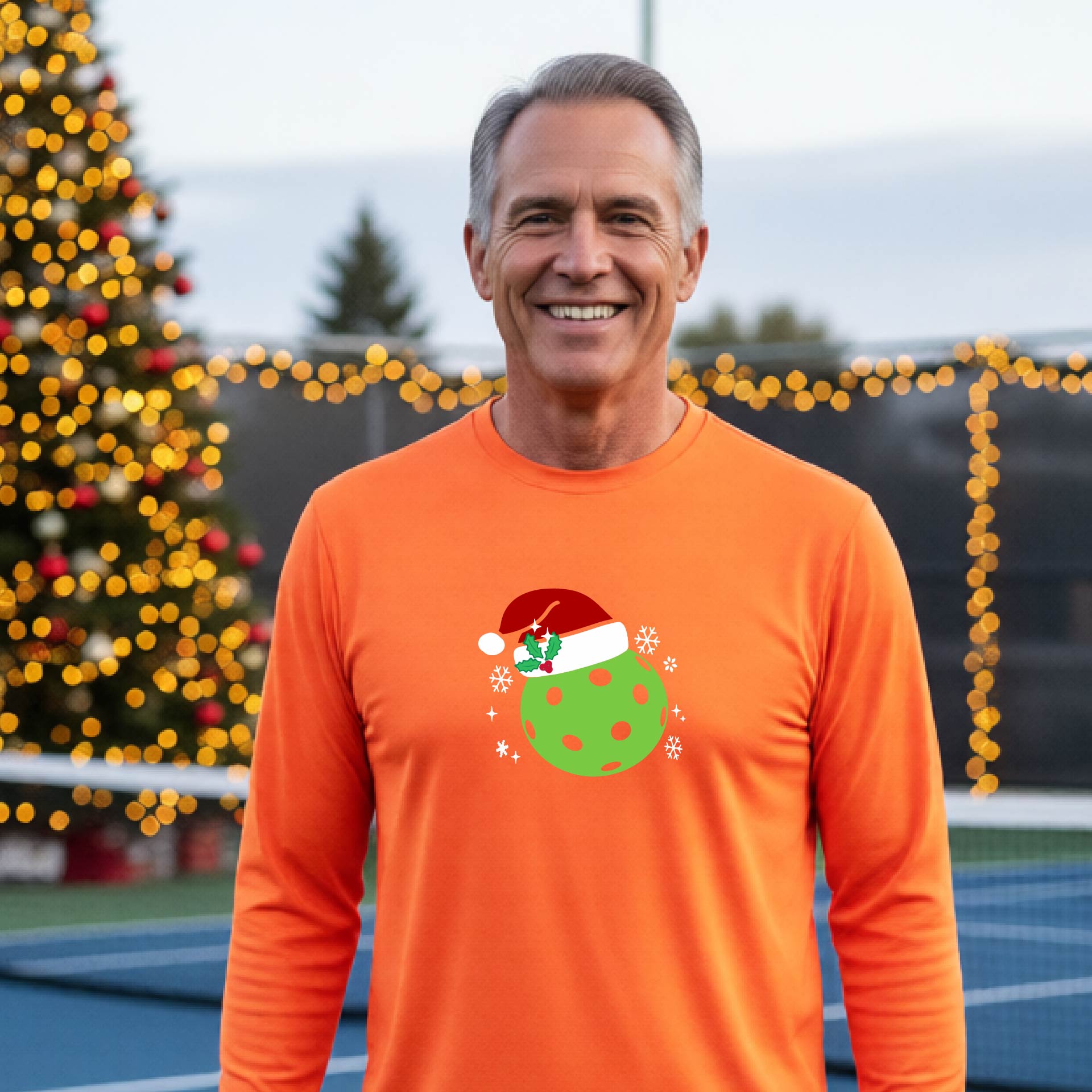 A man wearing a bright orange long-sleeve shirt with a Christmas-themed graphic of a green pickleball wearing a red Santa hat, set against a background of a decorated Christmas tree and a pickleball court.