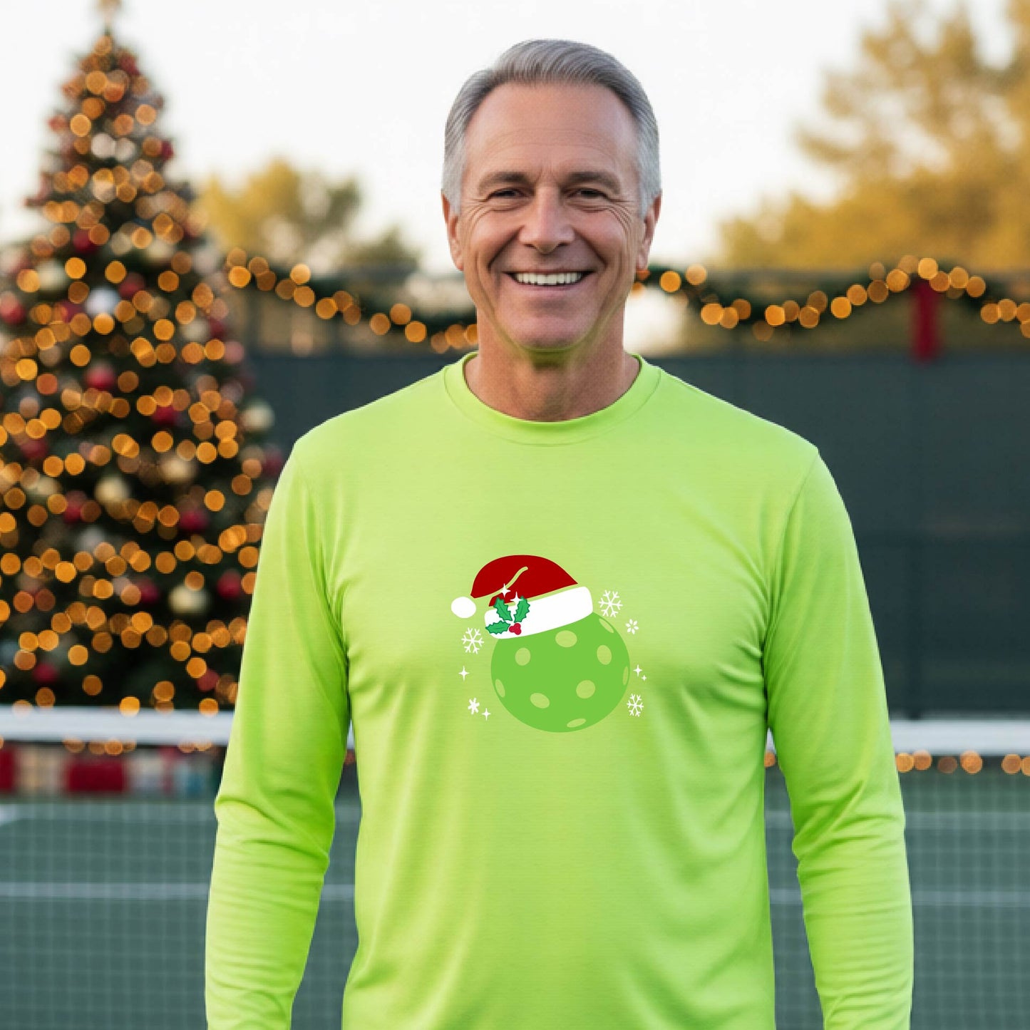 A man wearing a bright lime green long-sleeve shirt with a Christmas-themed graphic of a green pickleball wearing a red Santa hat, set against a background of a decorated Christmas tree and a pickleball court.