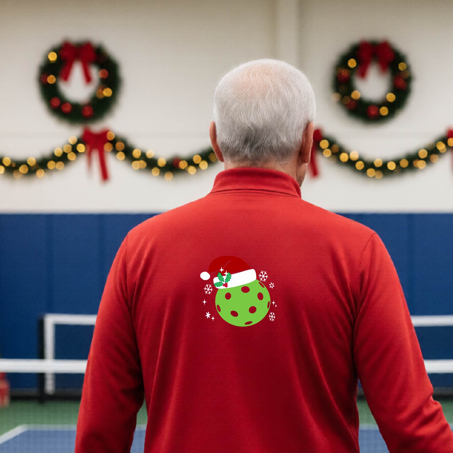 A man viewed from behind wearing a red long-sleeve quarter-zip pullover with a Christmas-themed graphic on the back. The graphic features a green pickkleball with black polka dots wearing a red Santa hat, surrounded by small white snowflakes.