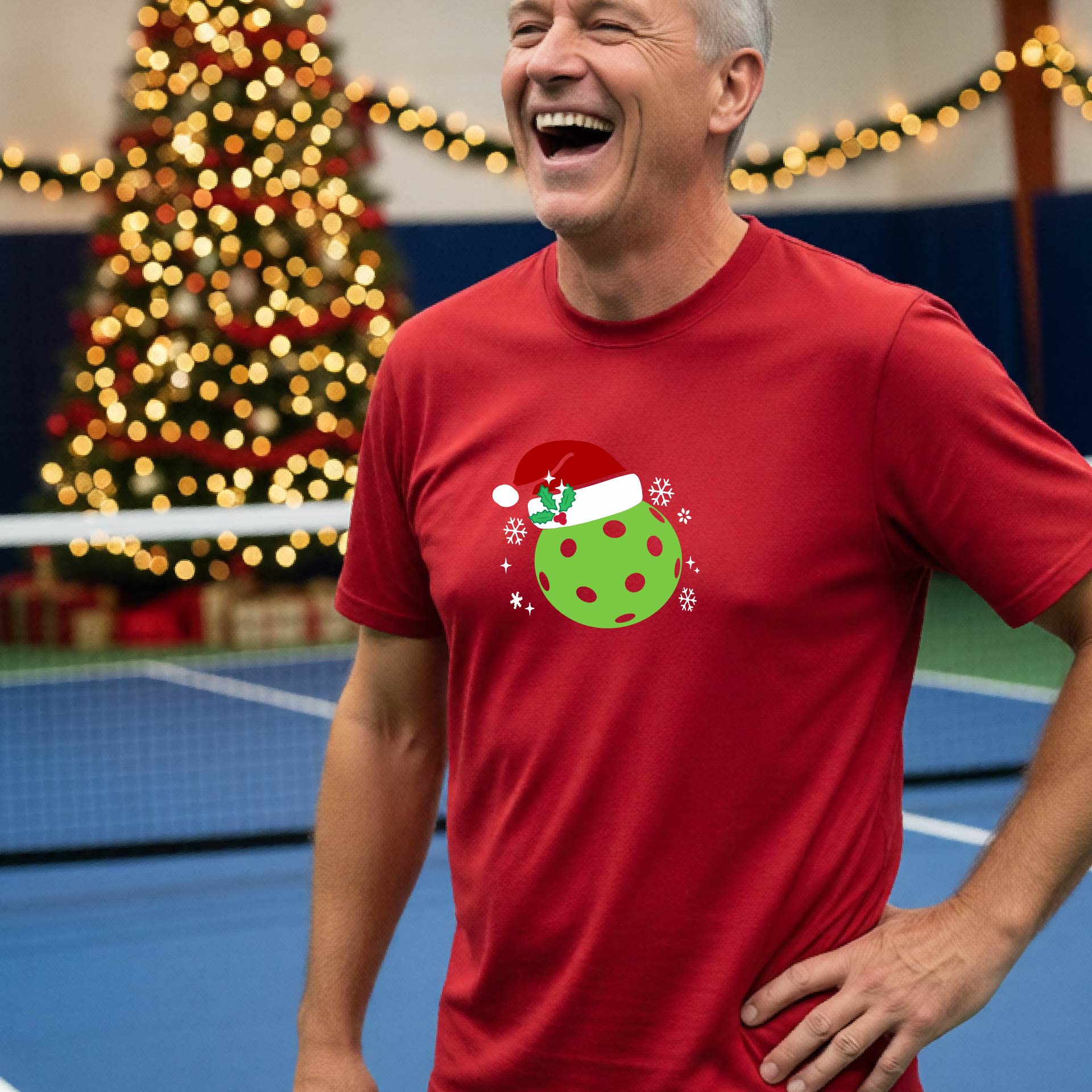 A man wearing a red short-sleeve t-shirt with a Christmas pickleball wearing a Santahat graphic, standing on an indoor tennis court with a blurred Christmas tree in the background.
