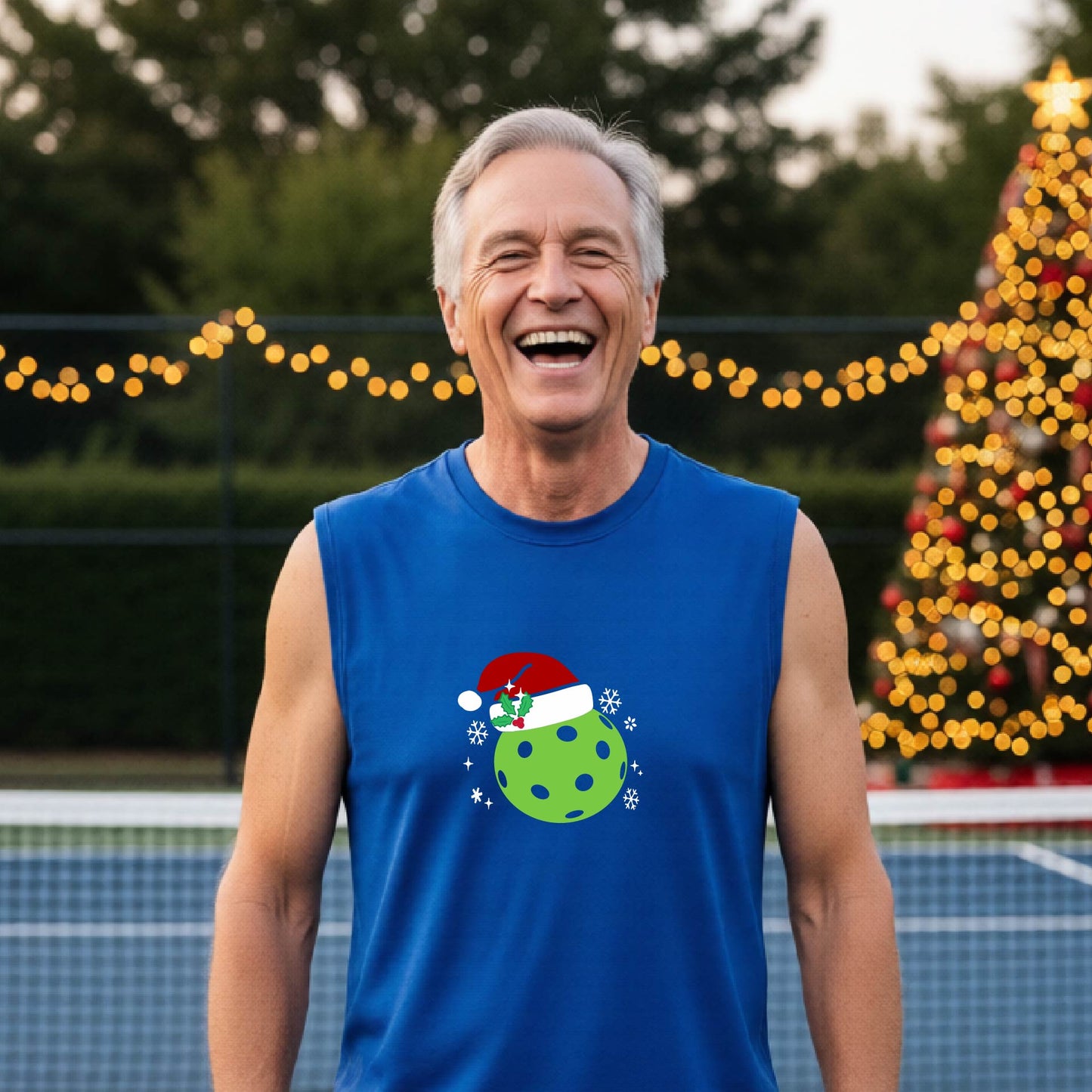 A smiling man wearing a royal blue sleeveless shirt with a green pickleball wearing a Santa hat Christmas-themed graphic stands on a pickleball court, with a lit Christmas tree and warm string lights in the background.