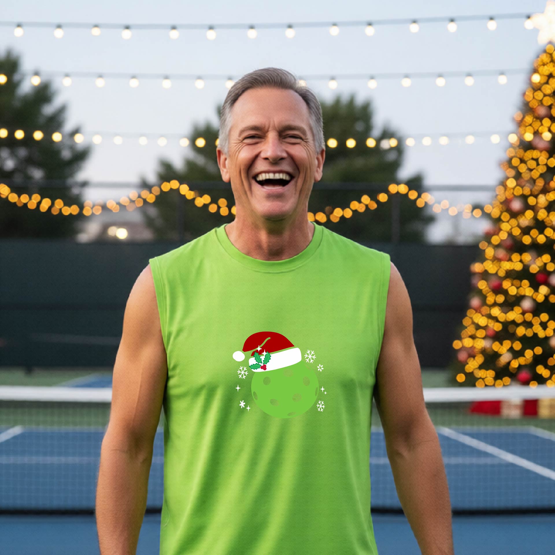 A smiling man wearing a lime green sleeveless shirt with a green pickleball wearing a Santa hat Christmas-themed graphic stands on a pickleball court, with a lit Christmas tree and warm string lights in the background.