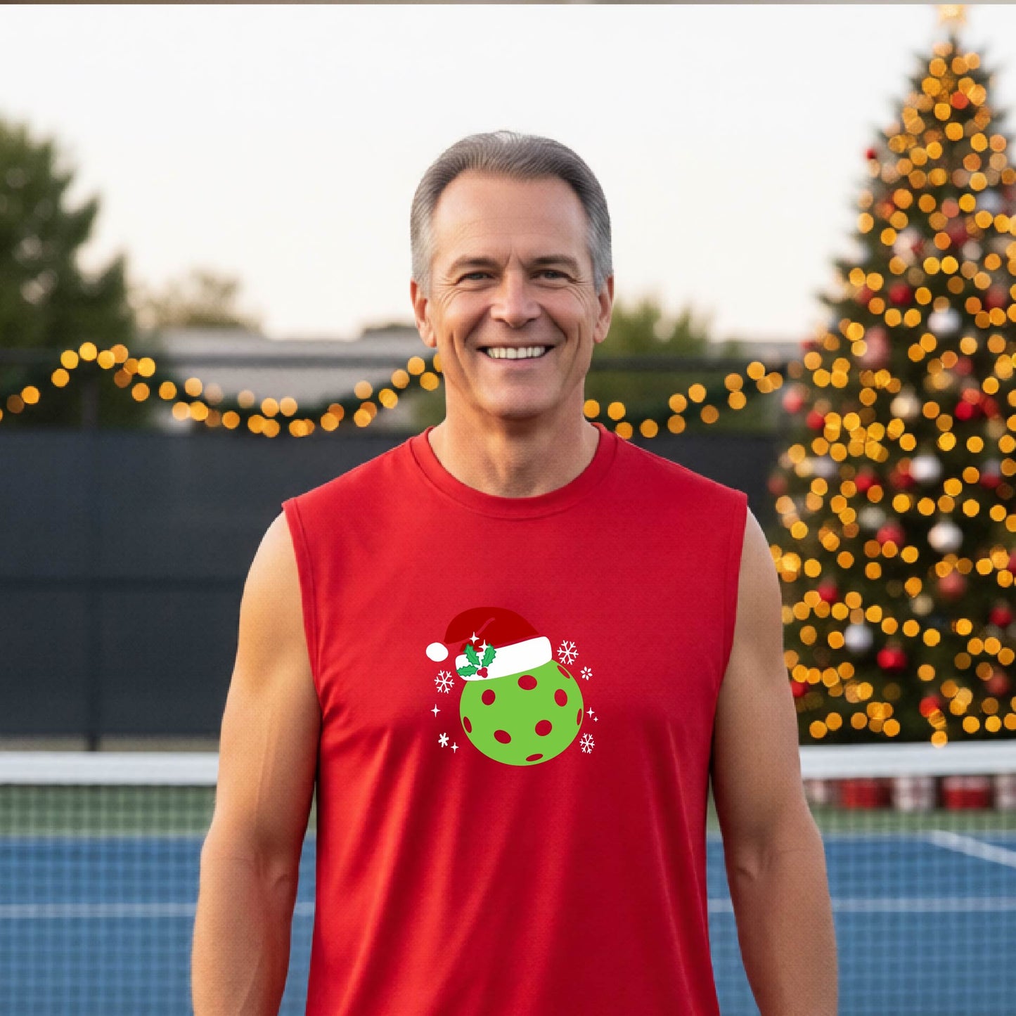 A smiling man wearing a red sleeveless shirt with a green pickleball wearing a Santa hat Christmas-themed graphic stands on a pickleball court, with a lit Christmas tree and warm string lights in the background.