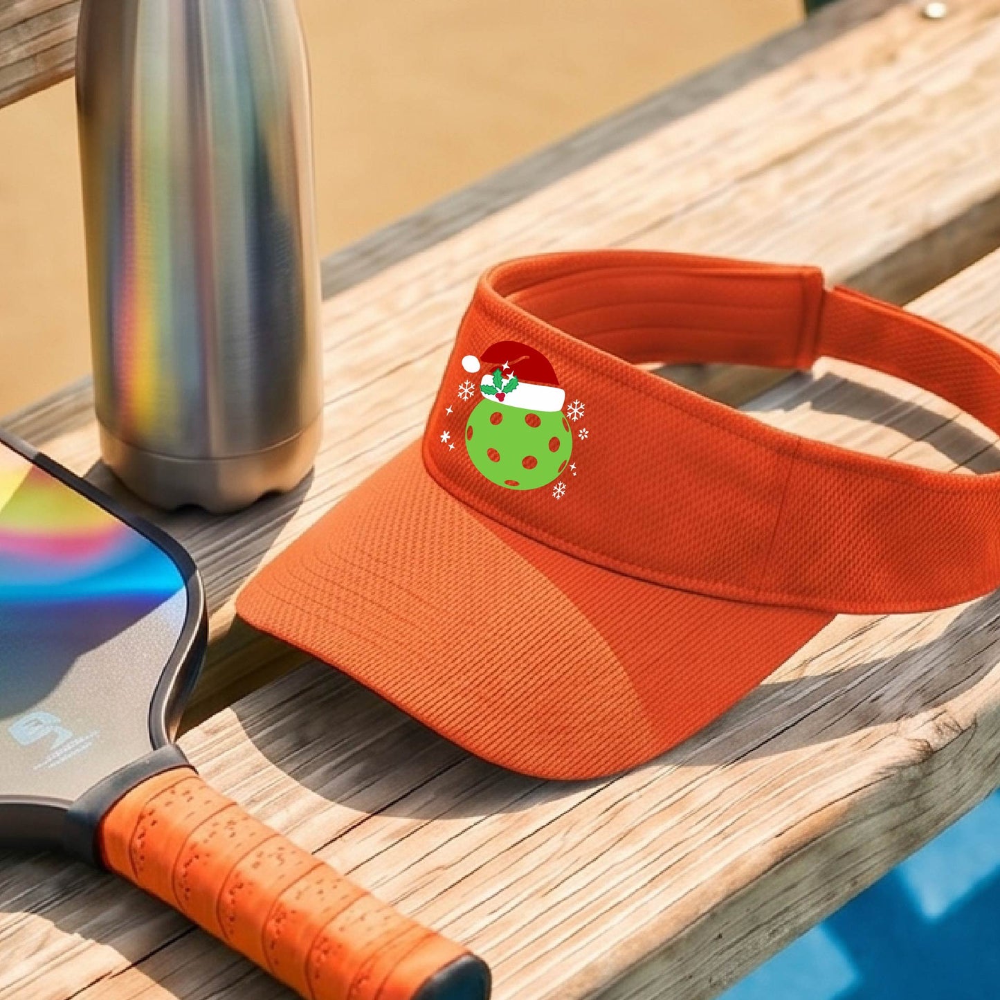An orange visor with a pickleball Christmas graphic and green pickleball wearing a santa hat.
