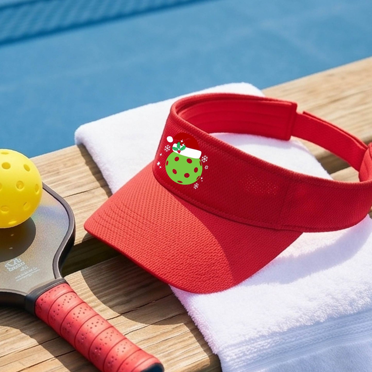 A red visor with a pickleball Christmas graphic and green pickleball wearing a santa hat.