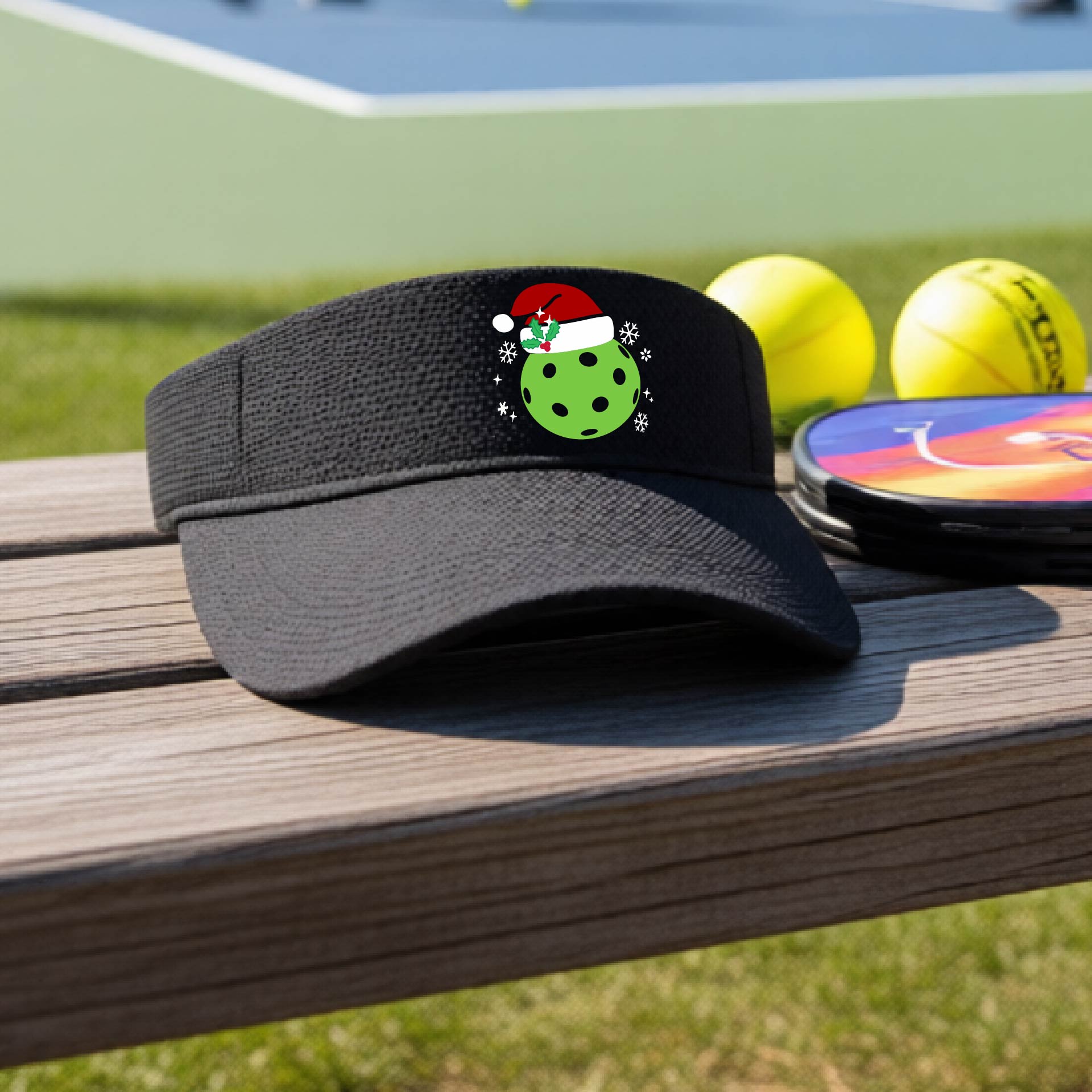 A black visor with a pickleball Christmas graphic and green pickleball wearing a santa hat.