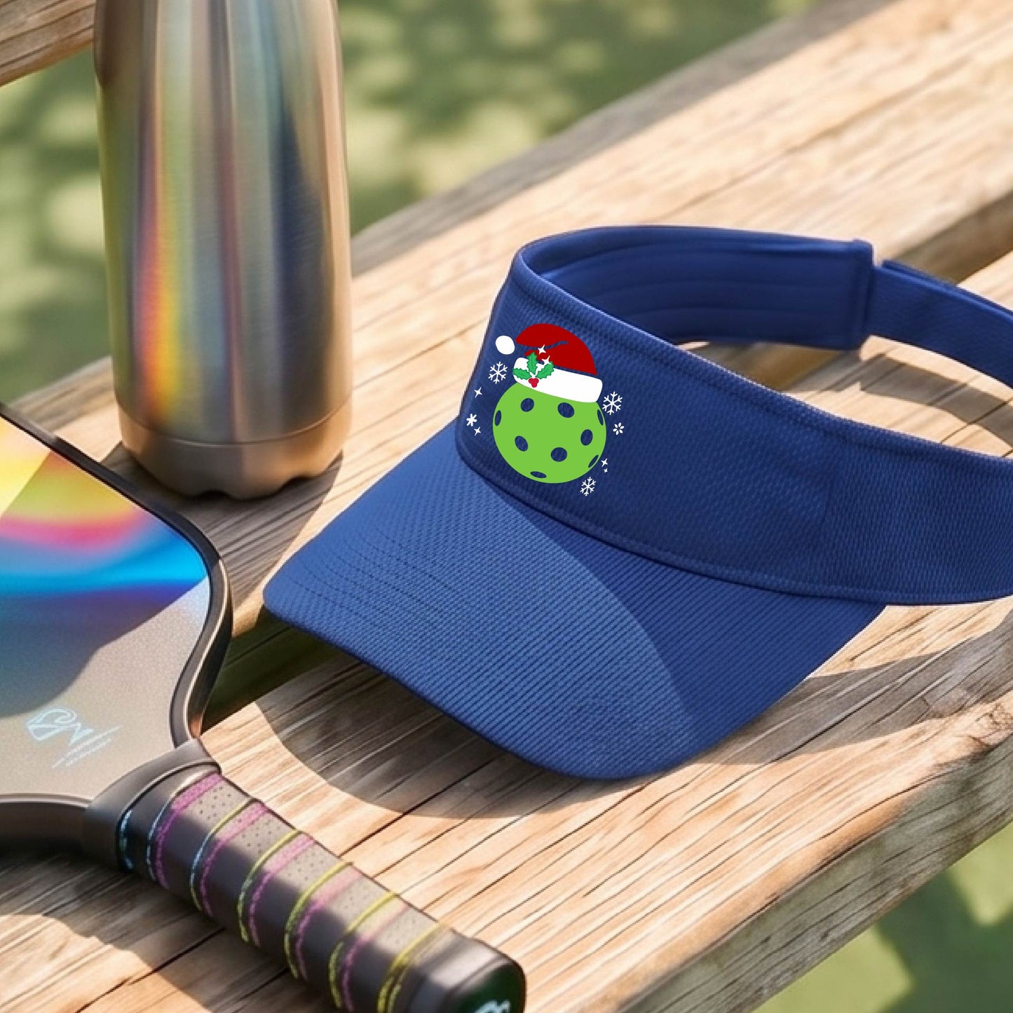 A royal visor with a pickleball Christmas graphic and green pickleball wearing a santa hat.