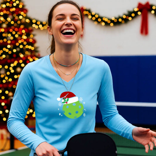 Women’s Holiday Pickleball Shirt Christmas Sports Tee Festive Pickleball Apparel for Women Long-Sleeve
