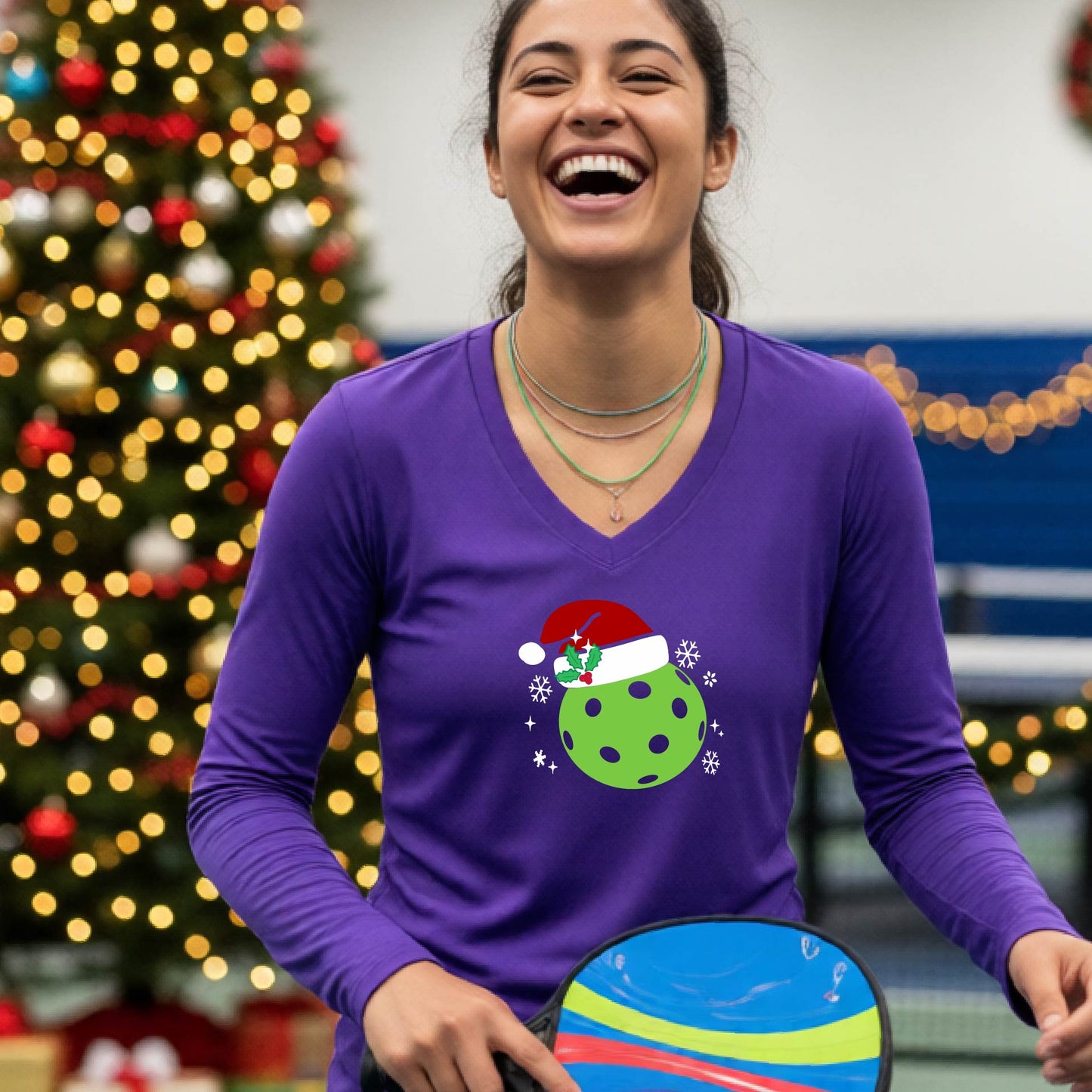 Women’s Holiday Pickleball Shirt Christmas Sports Tee Festive Pickleball Apparel for Women Long-Sleeve