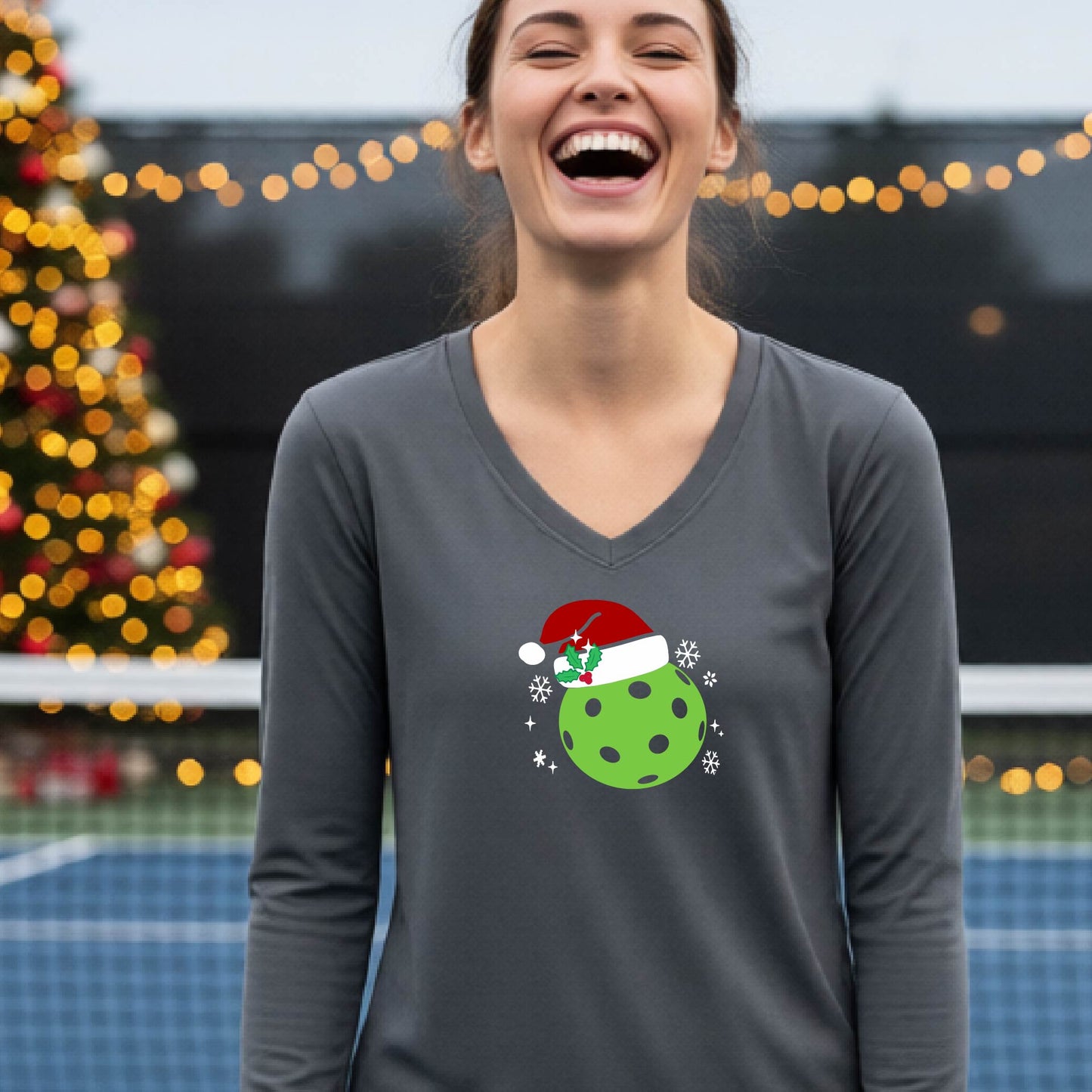 Women’s Holiday Pickleball Shirt Christmas Sports Tee Festive Pickleball Apparel for Women Long-Sleeve