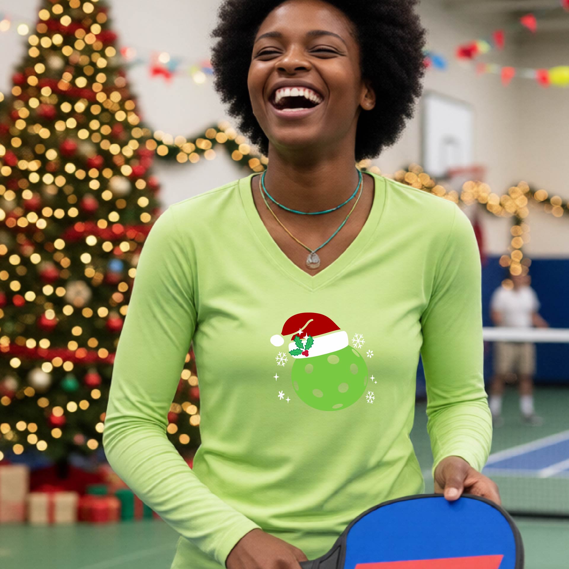 Women’s Holiday Pickleball Shirt Christmas Sports Tee Festive Pickleball Apparel for Women Long-Sleeve