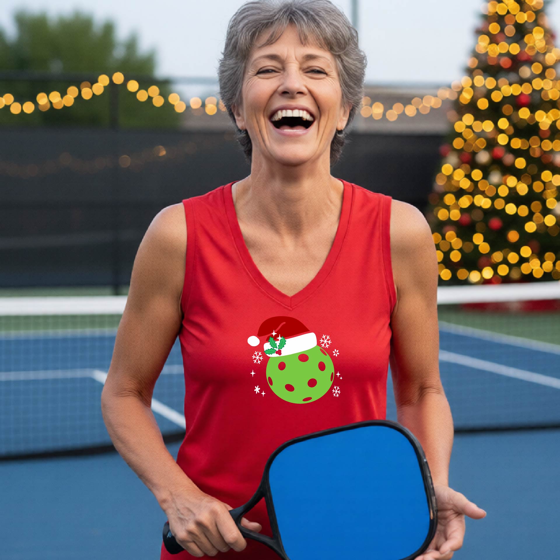 A woman laughing on an indoor pickleball court wearing a red tank top with a green Christmas pickleball ornament graphic on the chest.