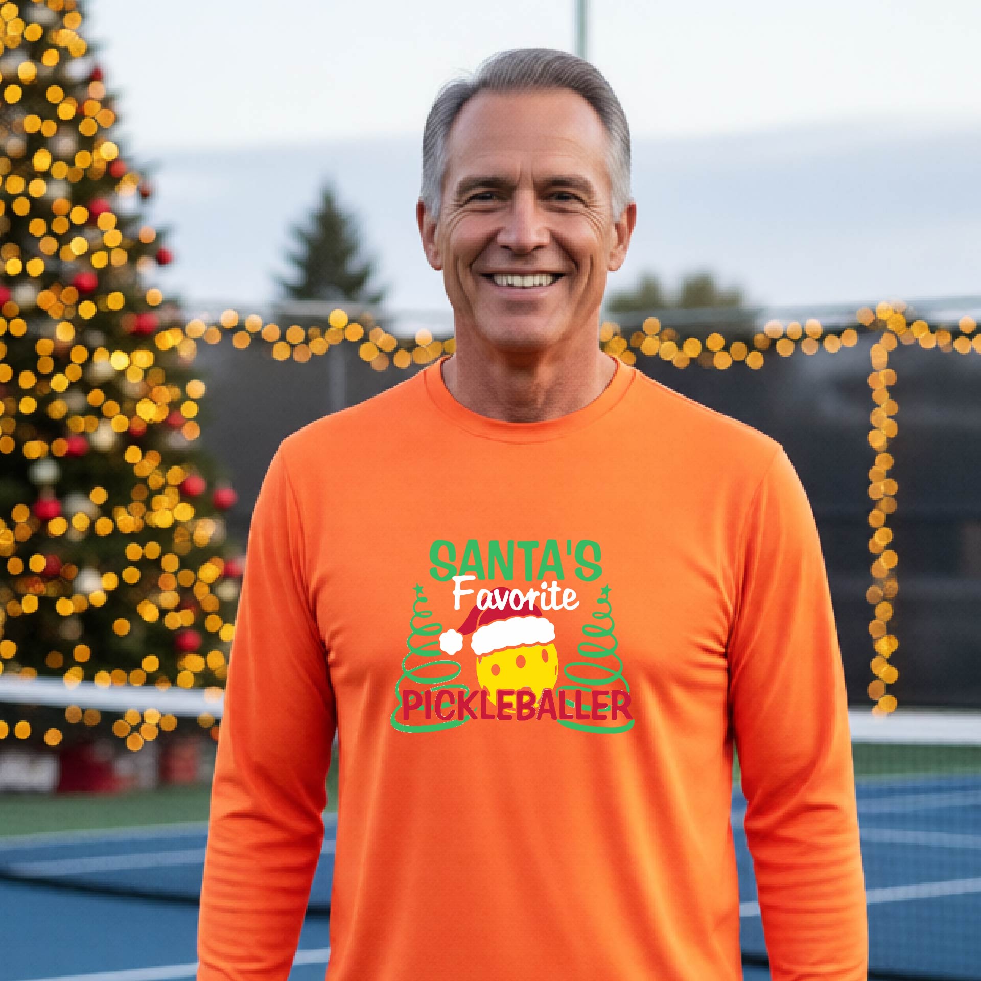 A man wearing an orange long-sleeve t-shirt with a  pickleball graphic with text "SANTA'S FAVORITE PICKLEBALLER" featuring a bright yellow pickleball set against a blurred background of a pickleball court and a decorated Christmas tree.