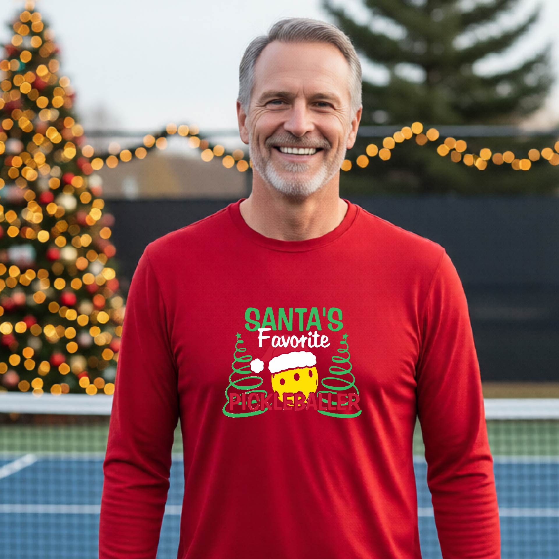 A man wearing a red long-sleeve t-shirt with a  pickleball graphic with text "SANTA'S FAVORITE PICKLEBALLER" featuring a bright yellow pickleball set against a blurred background of a pickleball court and a decorated Christmas tree.