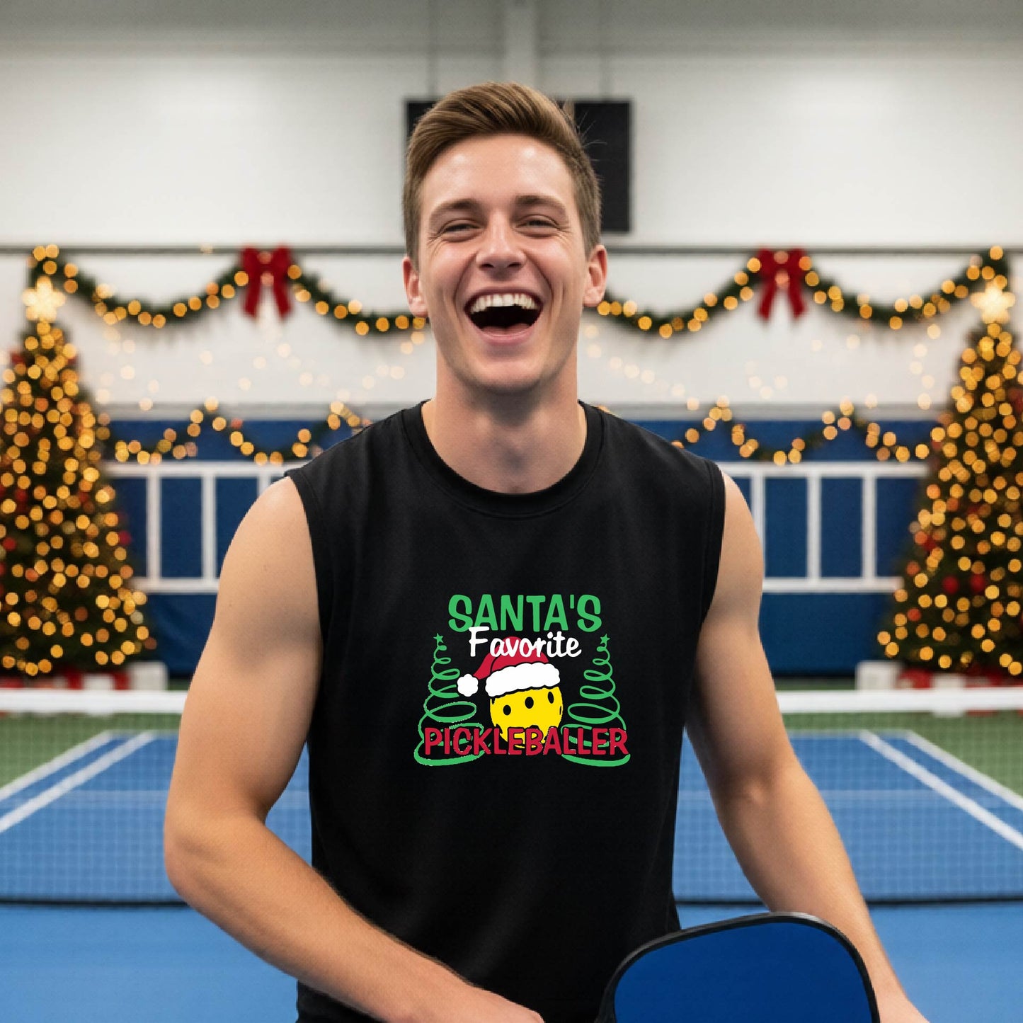 A man wearing a black sleeveless t-shirt with a pickleball graphic with text "SANTA'S FAVORITE PICKLEBALLER" featuring a bright yellow pickleball set against a blurred background of a pickleball court and a decorated Christmas tree.