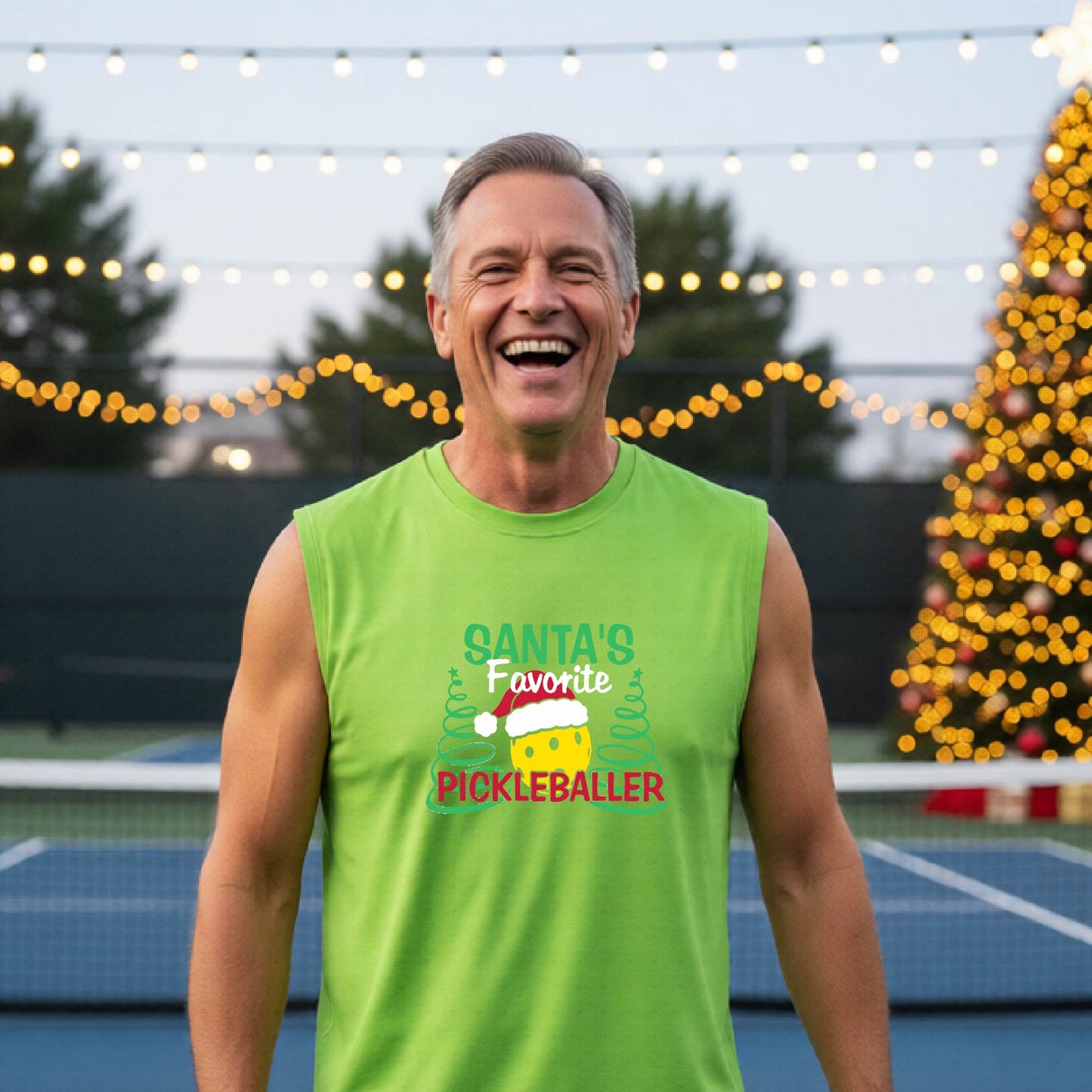 A man wearing a lime green sleeveless t-shirt with a pickleball graphic with text "SANTA'S FAVORITE PICKLEBALLER" featuring a bright yellow pickleball set against a blurred background of a pickleball court and a decorated Christmas tree.