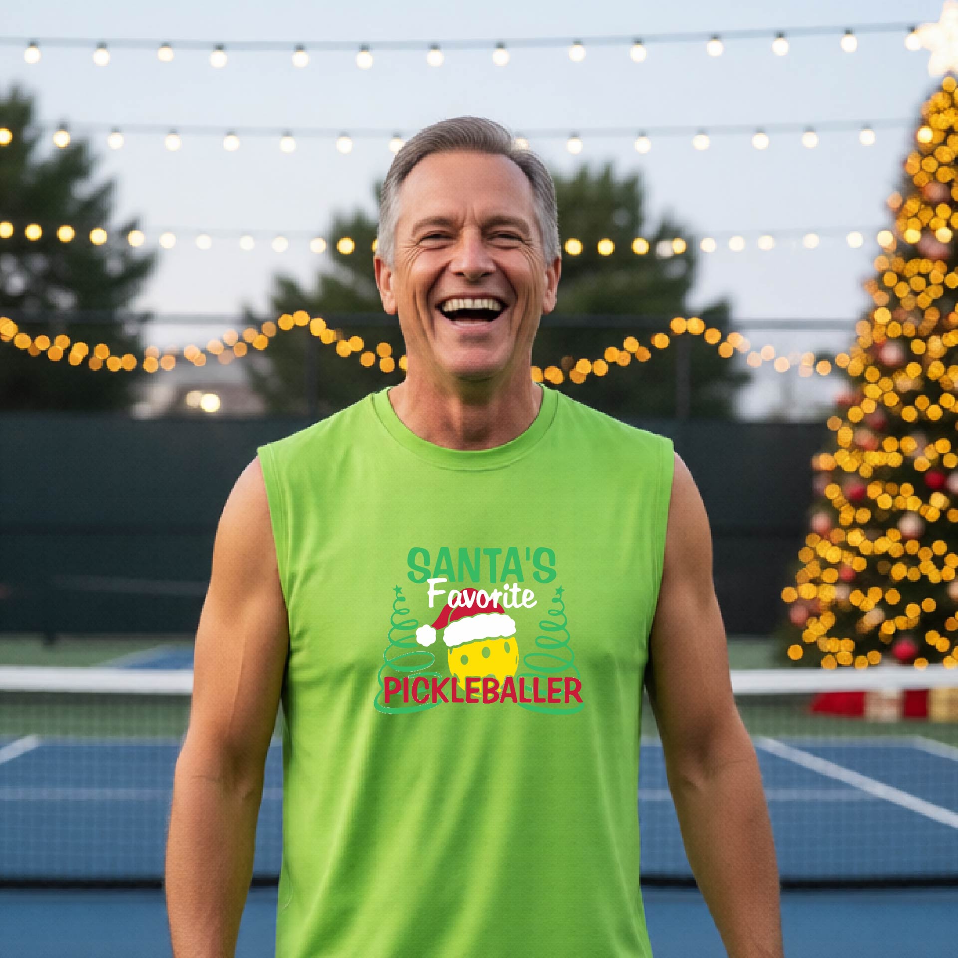 A man wearing a lime green sleeveless t-shirt with a pickleball graphic with text "SANTA'S FAVORITE PICKLEBALLER" featuring a bright yellow pickleball set against a blurred background of a pickleball court and a decorated Christmas tree.