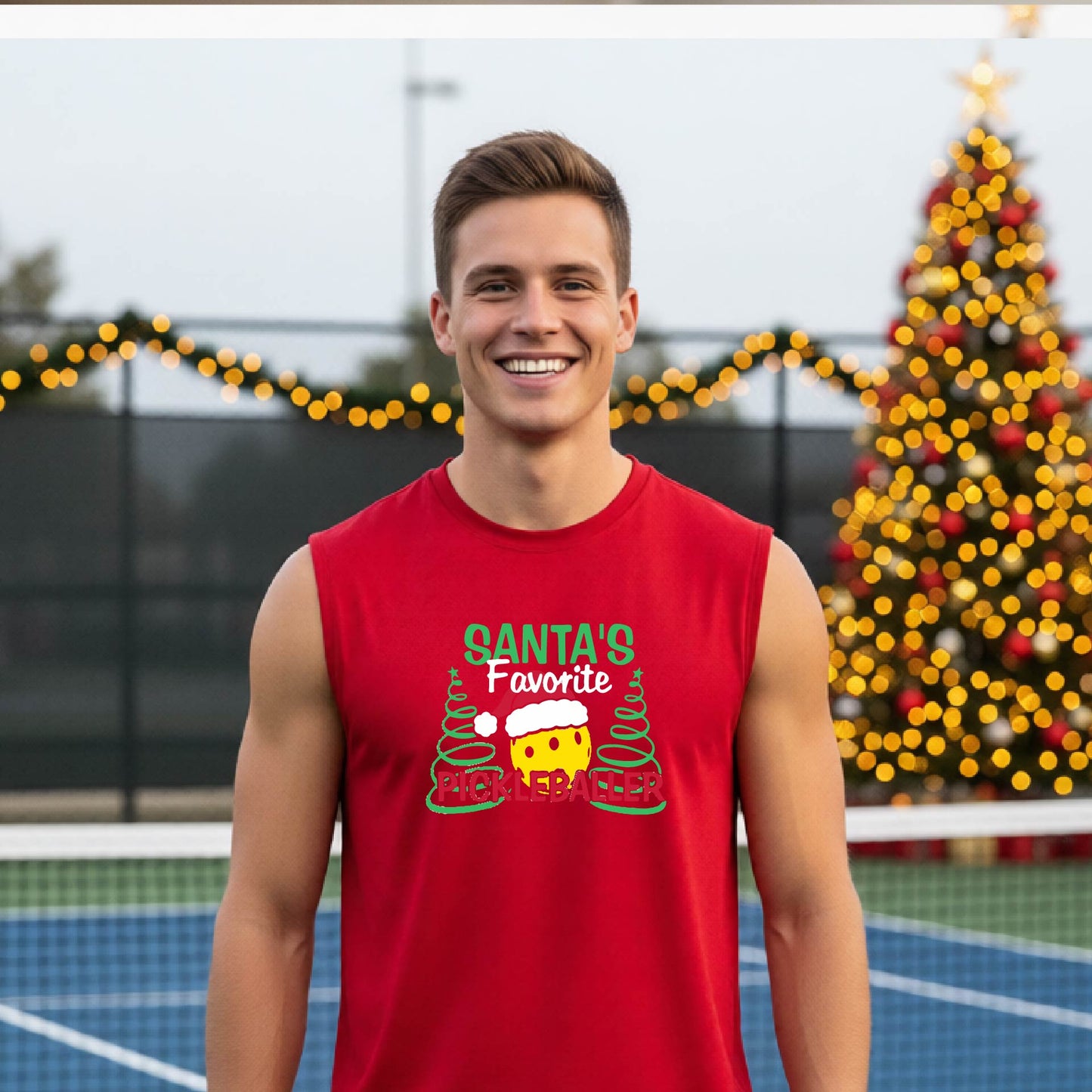 A man wearing an red sleeveless t-shirt with a pickleball graphic with text "SANTA'S FAVORITE PICKLEBALLER" featuring a bright yellow pickleball set against a blurred background of a pickleball court and a decorated Christmas tree.